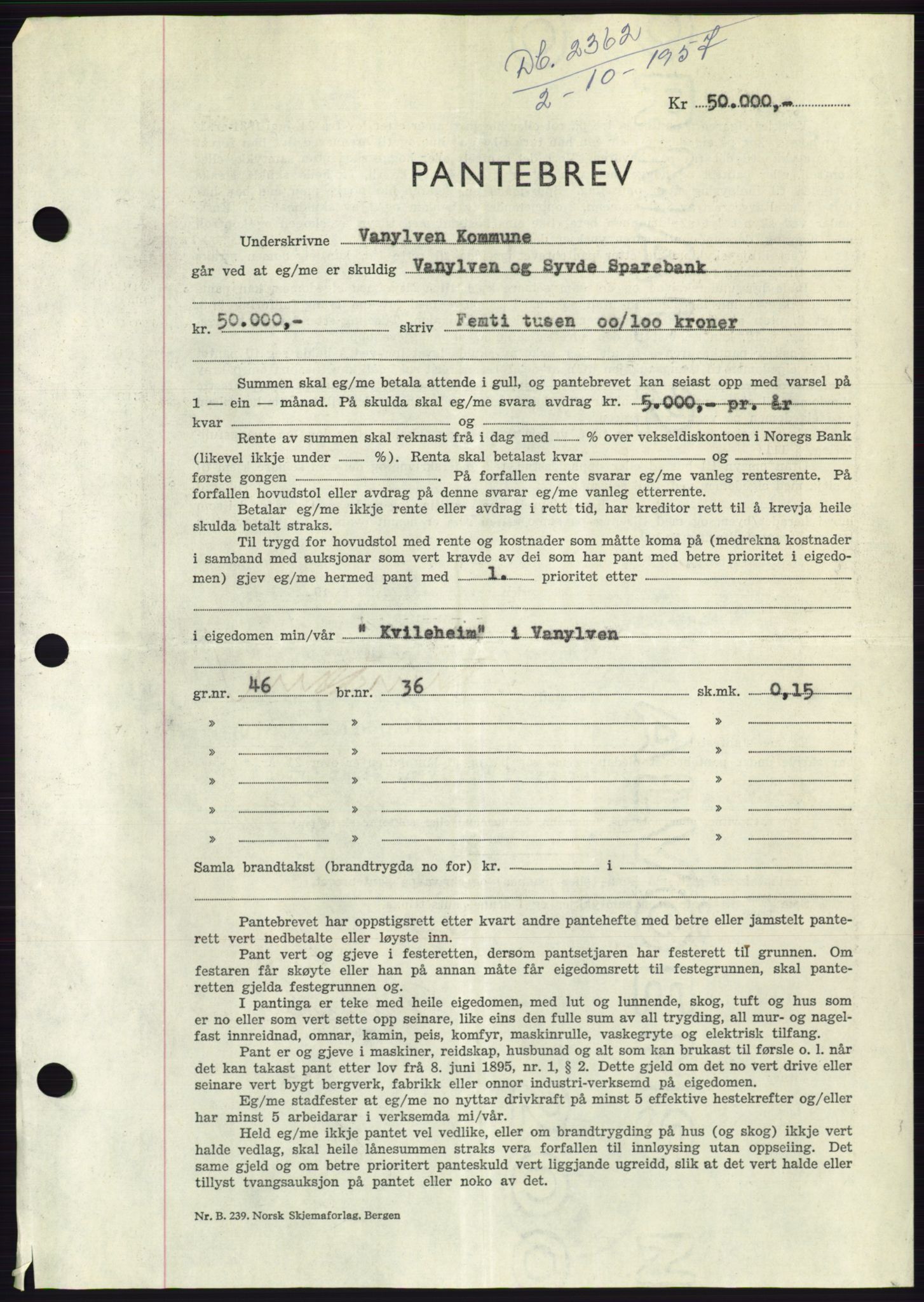 Søre Sunnmøre sorenskriveri, AV/SAT-A-4122/1/2/2C/L0130: Mortgage book no. 18B, 1957-1958, Diary no: : 2362/1957