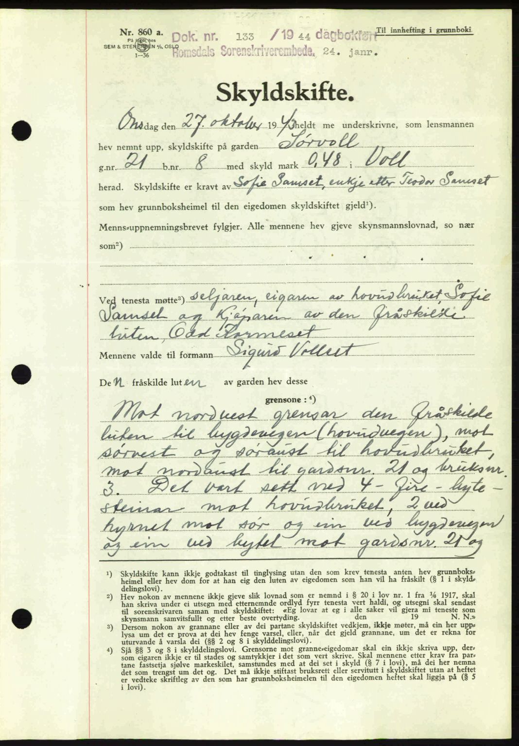 Romsdal sorenskriveri, AV/SAT-A-4149/1/2/2C: Mortgage book no. A15, 1943-1944, Diary no: : 133/1944