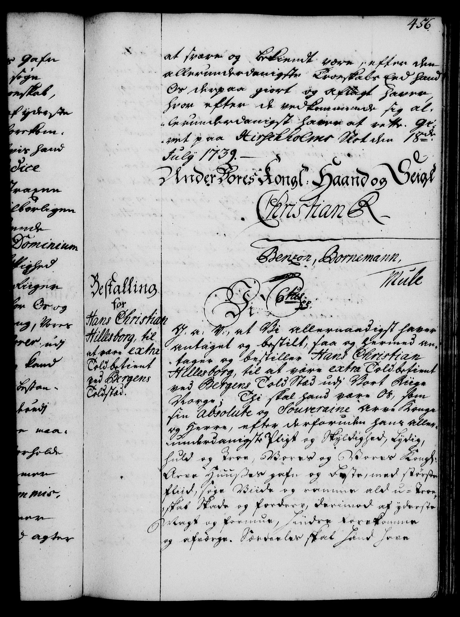 Rentekammeret, Kammerkanselliet, RA/EA-3111/G/Gg/Gge/L0002: Norsk bestallingsprotokoll med register (merket RK 53.26), 1730-1744, p. 456