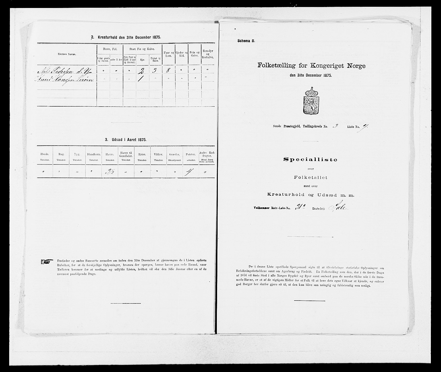 SAB, 1875 census for 1245P Sund, 1875, p. 234