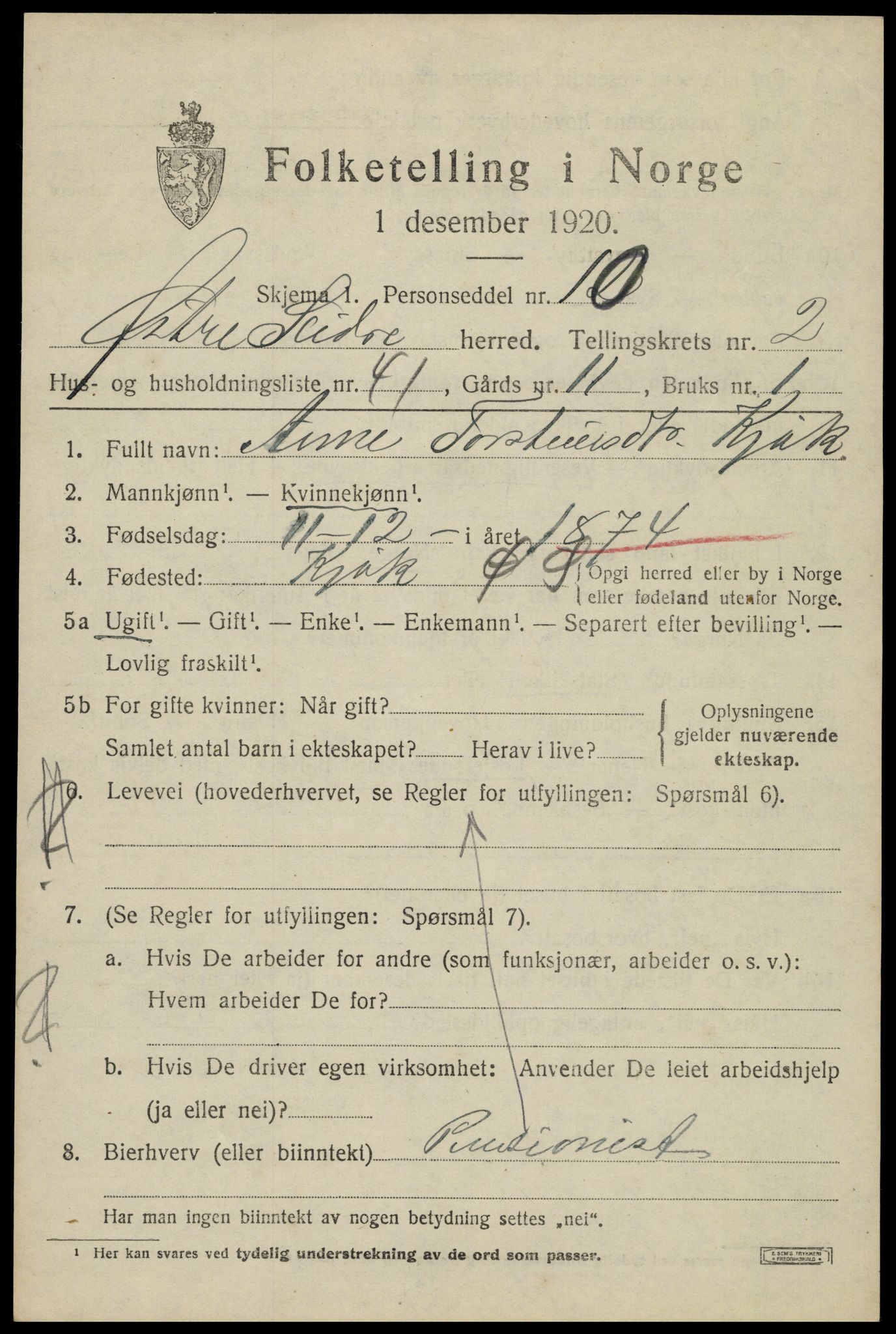 SAH, 1920 census for Øystre Slidre, 1920, p. 1893