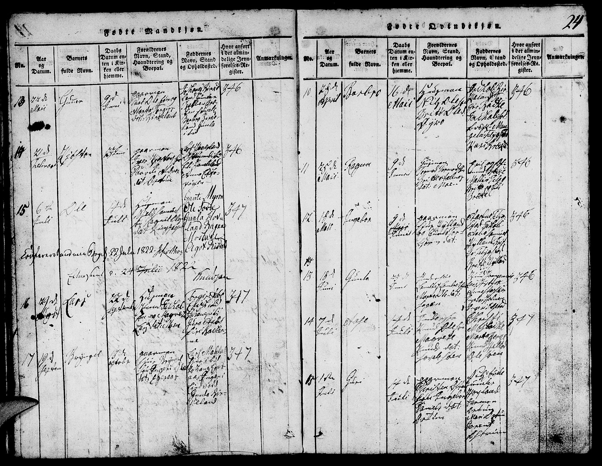 Suldal sokneprestkontor, SAST/A-101845/01/V/L0002: Parish register (copy) no. B 2, 1816-1845, p. 24