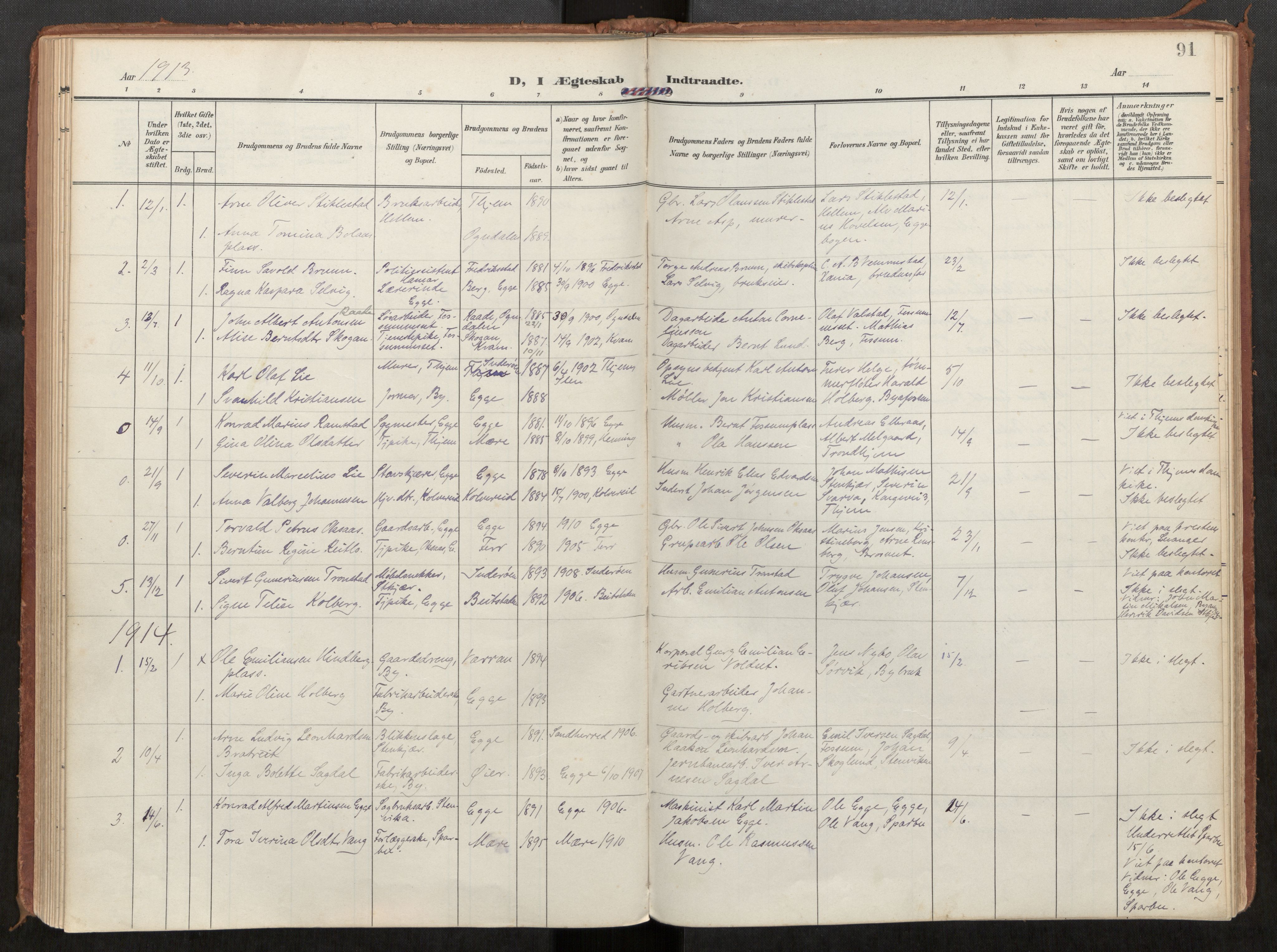 Steinkjer sokneprestkontor, AV/SAT-A-1541/01/H/Ha/Haa/L0002: Parish register (official) no. 2, 1907-1917, p. 91