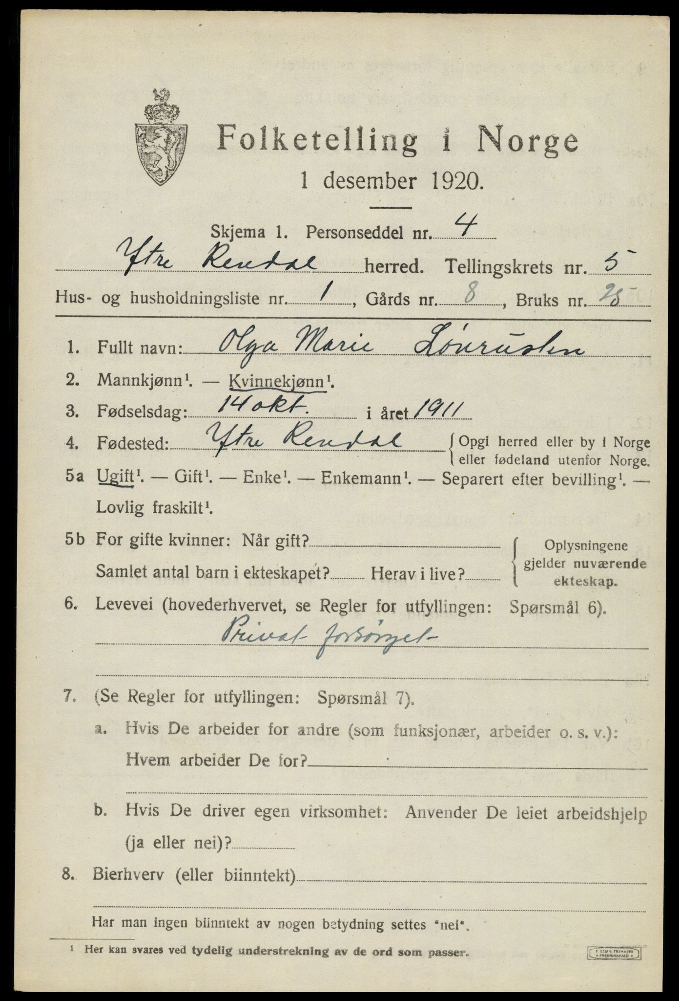 SAH, 1920 census for Ytre Rendal, 1920, p. 2645