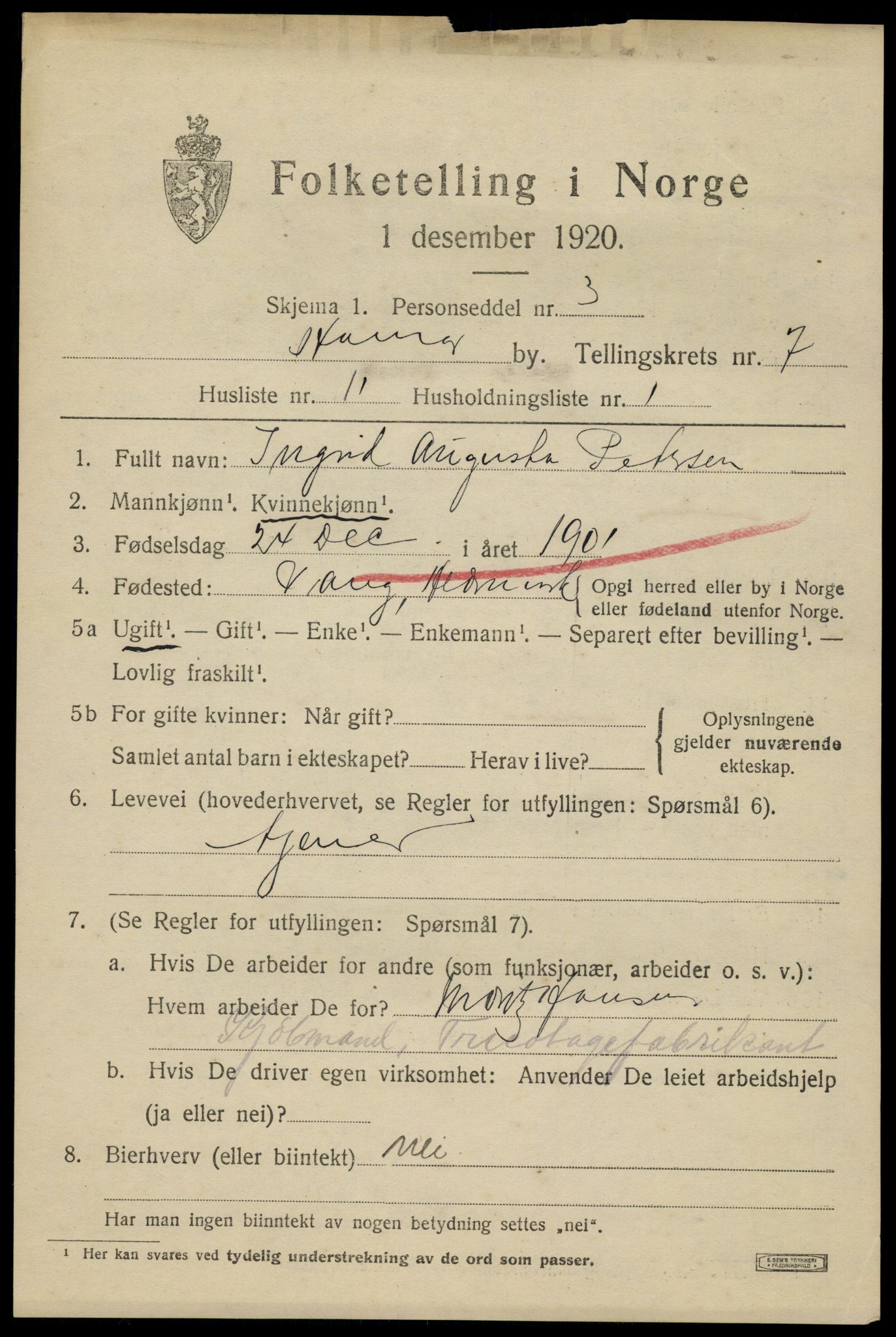 SAH, 1920 census for Hamar, 1920, p. 12993