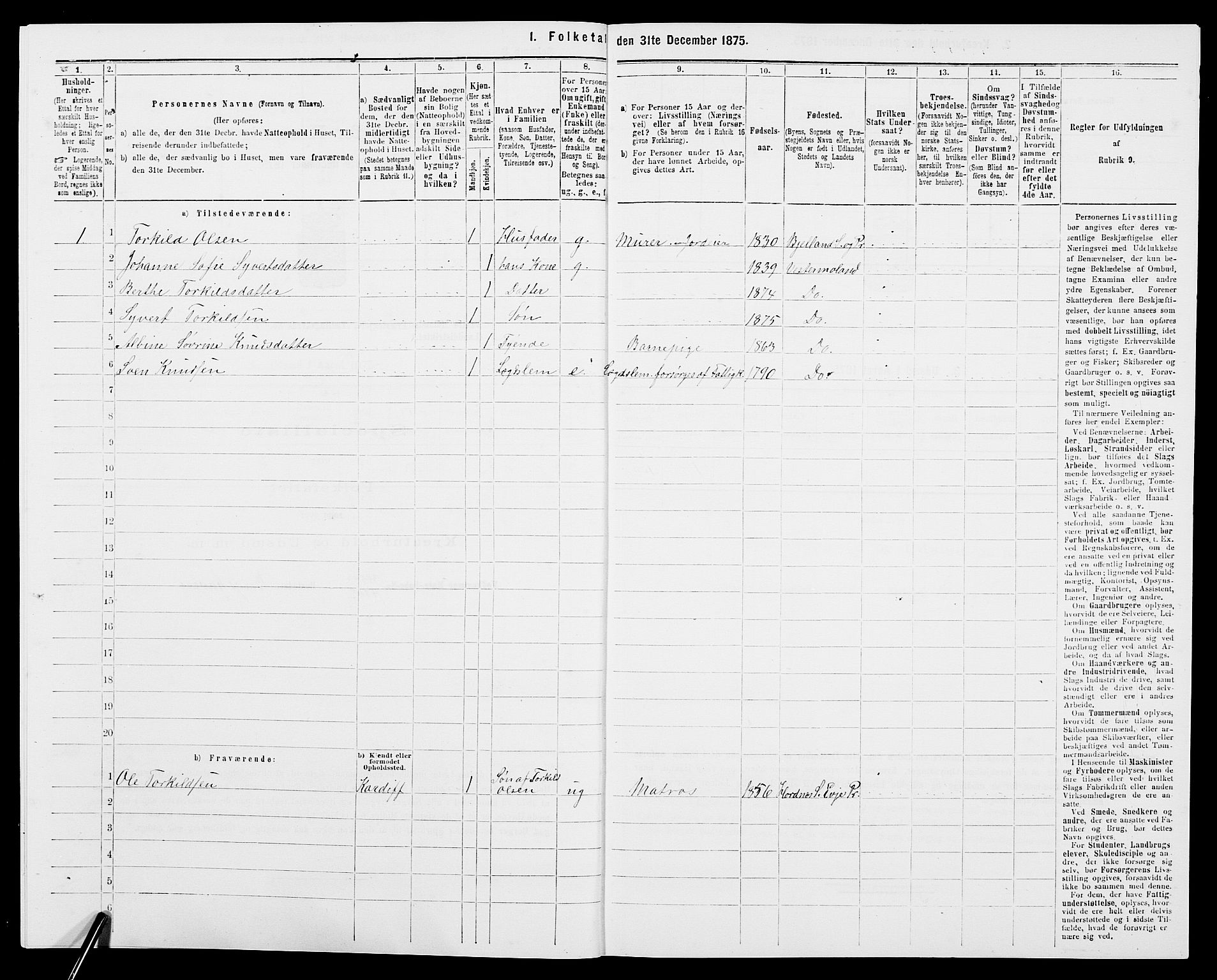 SAK, 1875 census for 0926L Vestre Moland/Vestre Moland, 1875, p. 655