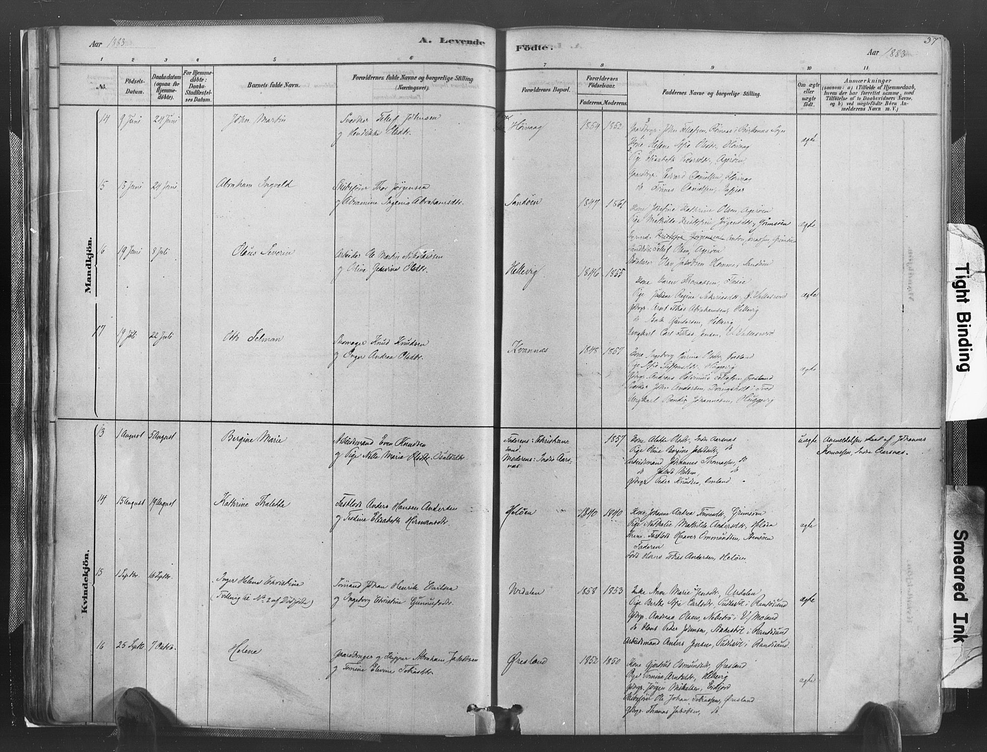 Høvåg sokneprestkontor, AV/SAK-1111-0025/F/Fa/L0005: Parish register (official) no. A 5, 1878-1893, p. 37