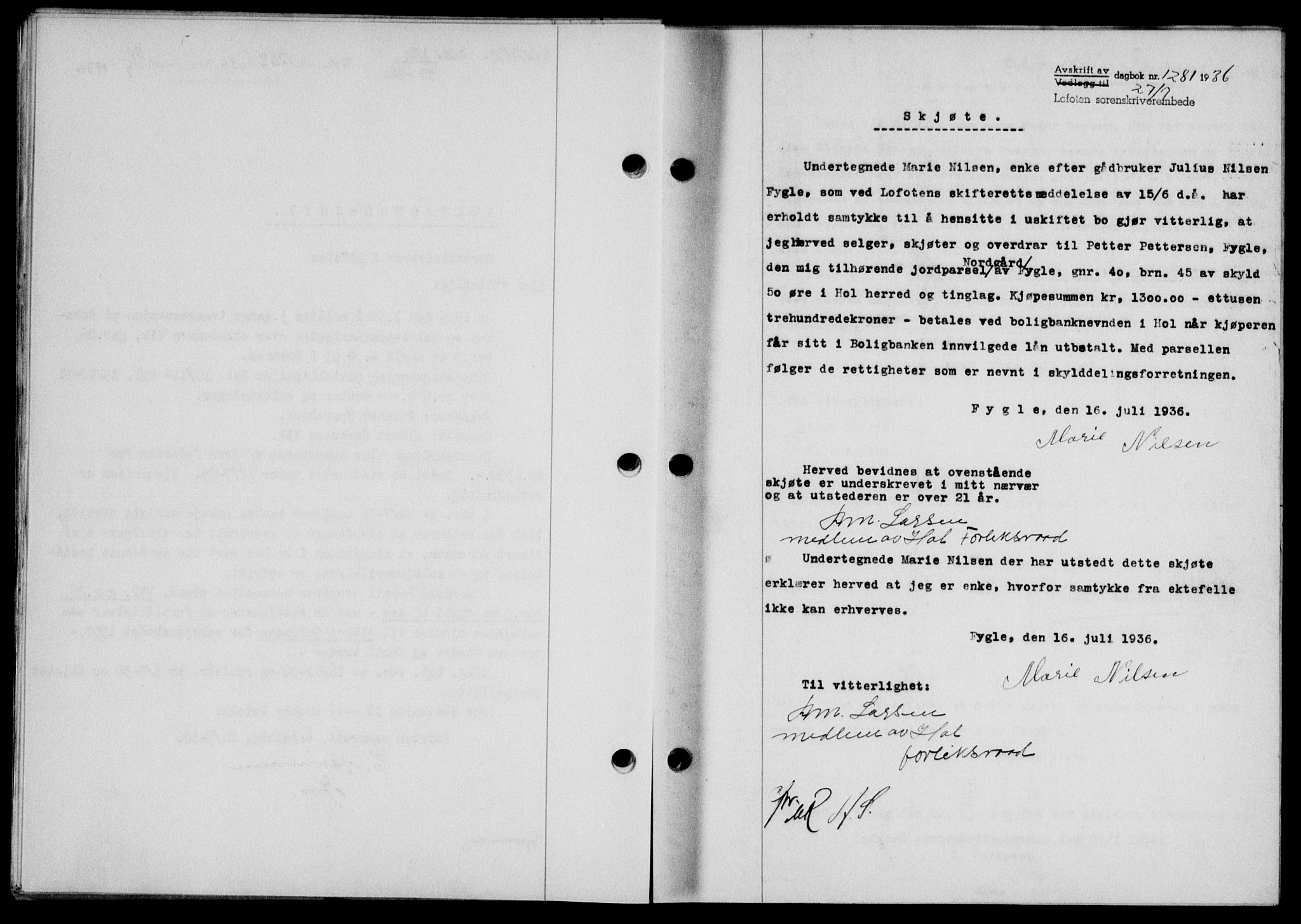 Lofoten sorenskriveri, SAT/A-0017/1/2/2C/L0001a: Mortgage book no. 1a, 1936-1937, Diary no: : 1281/1936