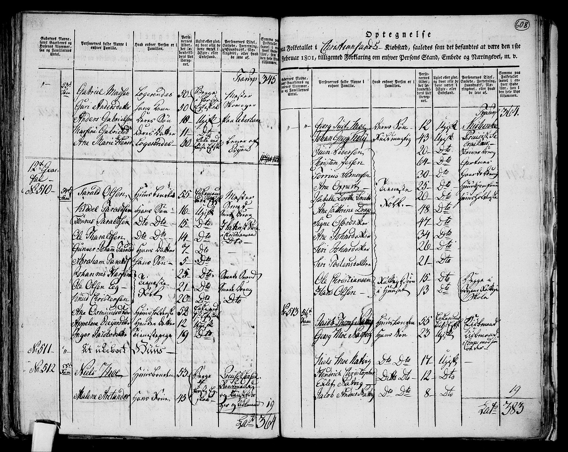 RA, 1801 census for 1001P Kristiansand, 1801, p. 607b-608a