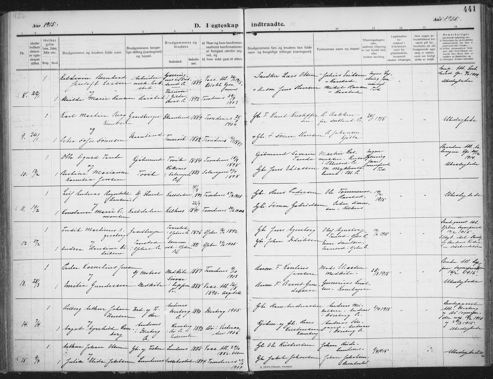 Trondenes sokneprestkontor, SATØ/S-1319/H/Ha/L0018kirke: Parish register (official) no. 18, 1909-1918, p. 441