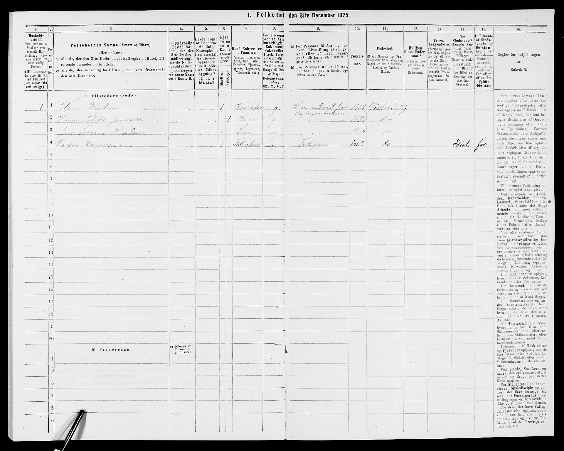 SAK, 1875 census for 0920P Øyestad, 1875, p. 1551