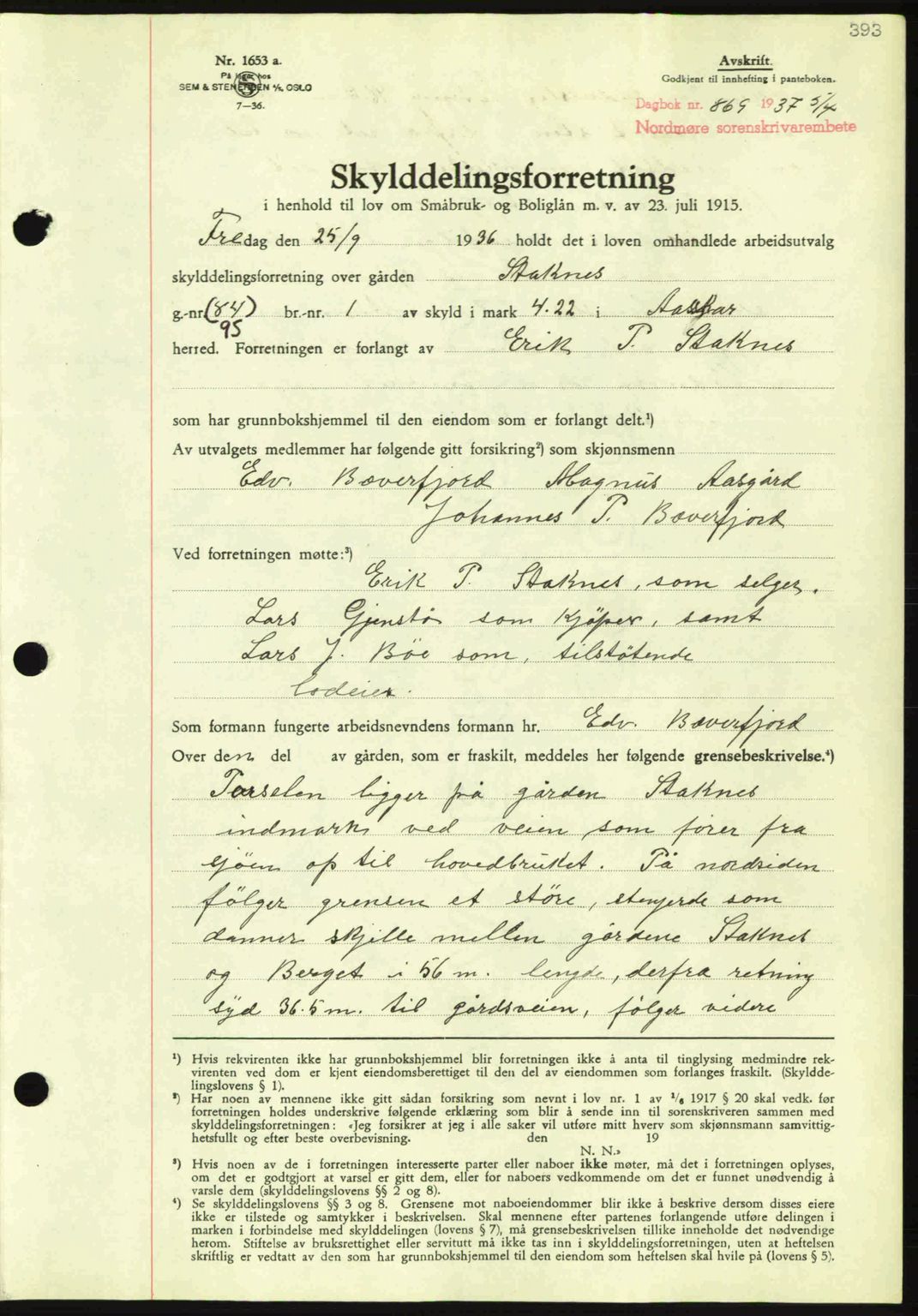 Nordmøre sorenskriveri, AV/SAT-A-4132/1/2/2Ca: Mortgage book no. A81, 1937-1937, Diary no: : 869/1937