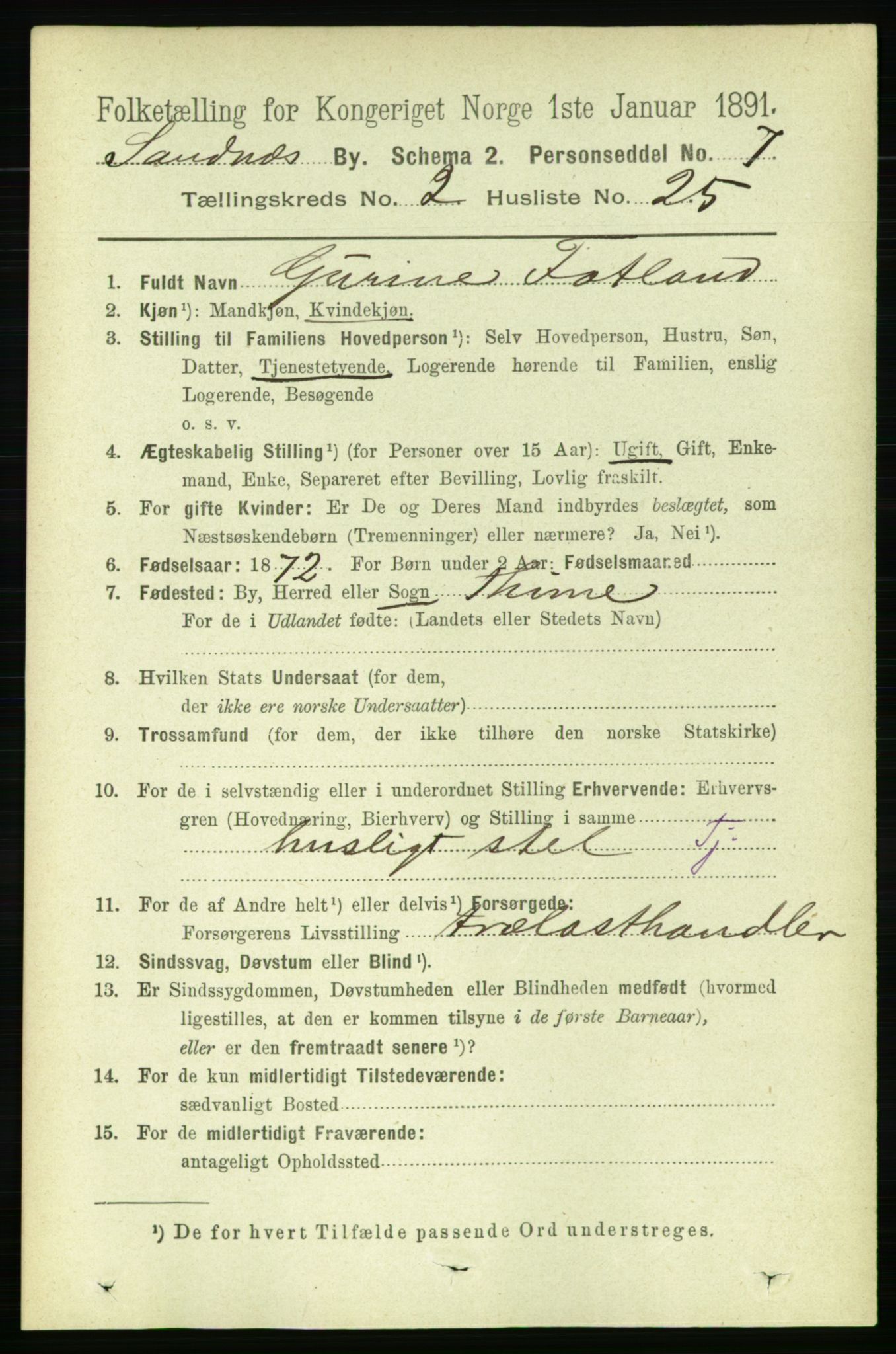 RA, 1891 census for 1102 Sandnes, 1891, p. 1104