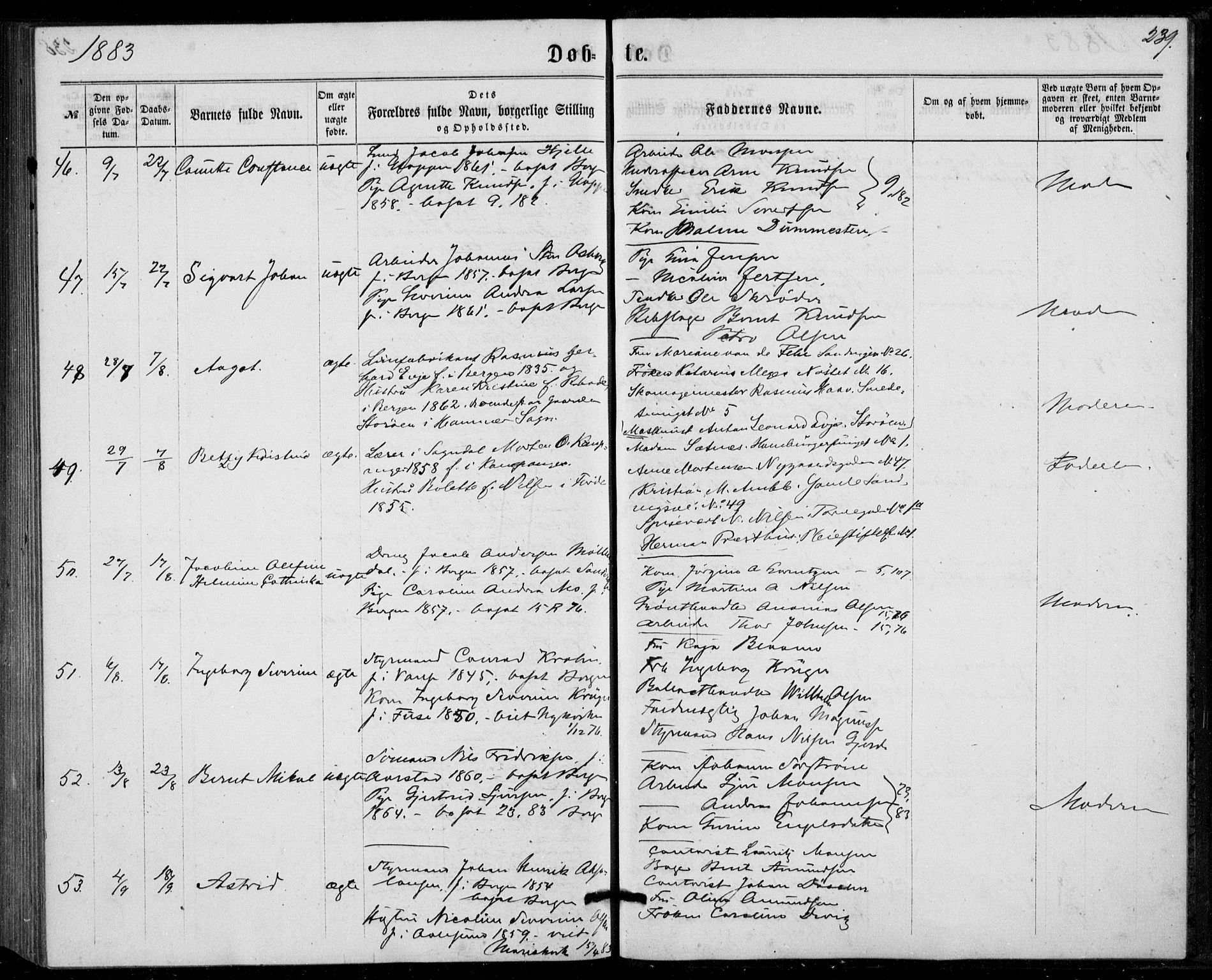Fødselsstiftelsens sokneprestembete, ført av overlegen*, SAB/-: Parish register (official) no. A 1, 1863-1883, p. 239