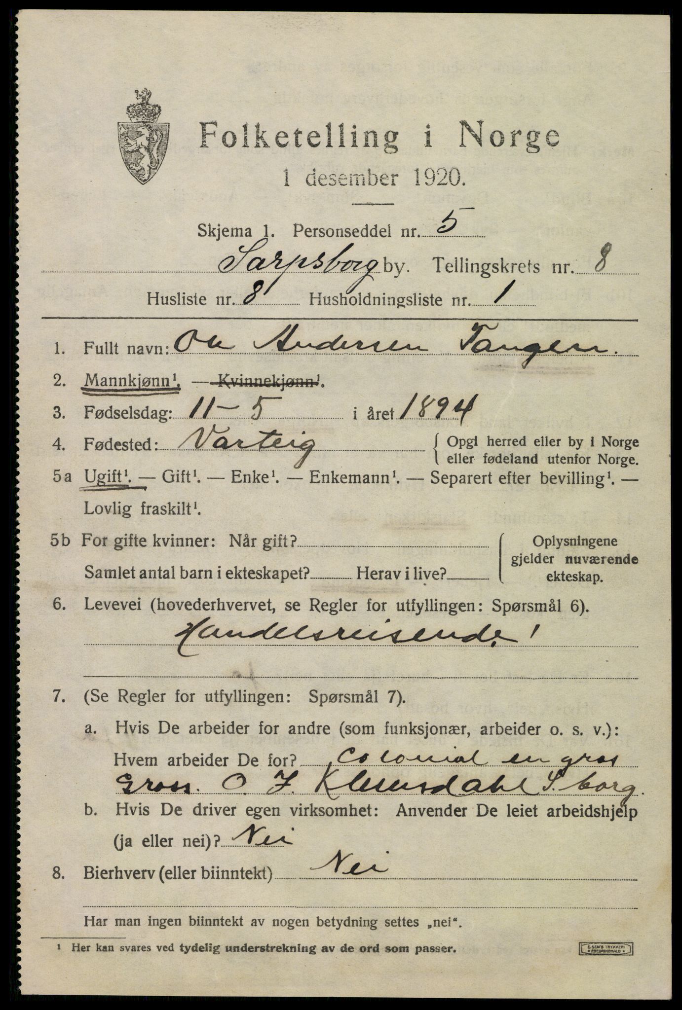 SAO, 1920 census for Sarpsborg, 1920, p. 17440