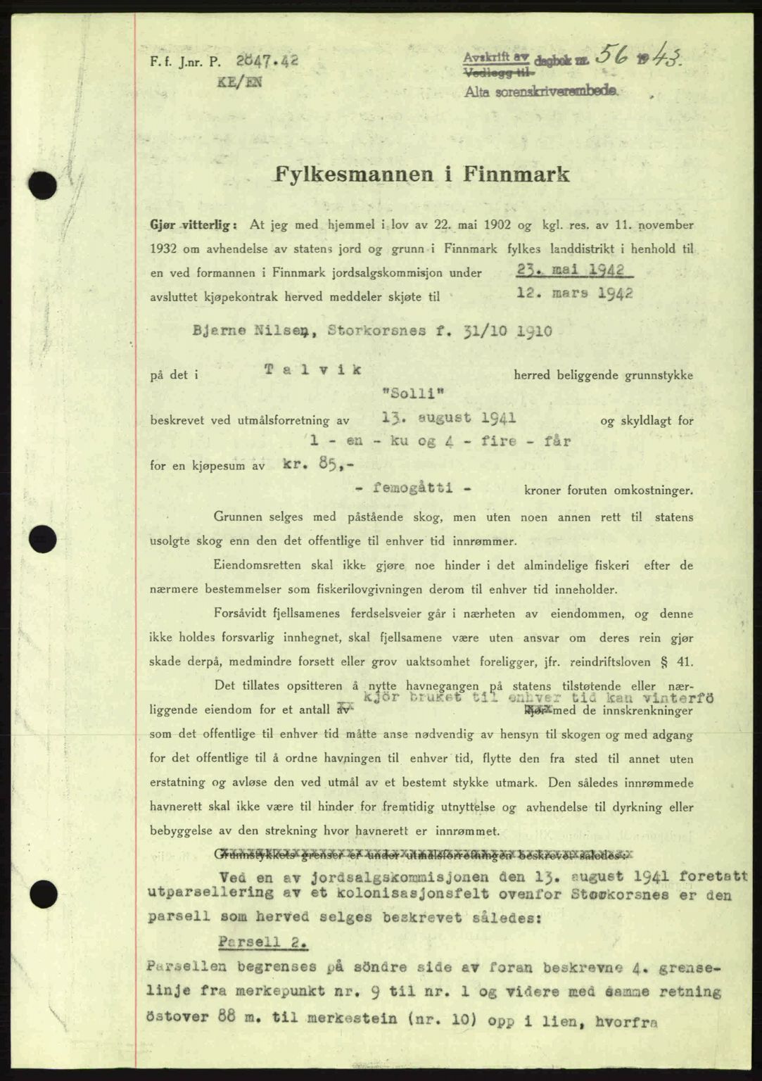 Alta fogderi/sorenskriveri, SATØ/SATØ-5/1/K/Kd/L0033pantebok: Mortgage book no. 33, 1940-1943, Diary no: : 56/1943