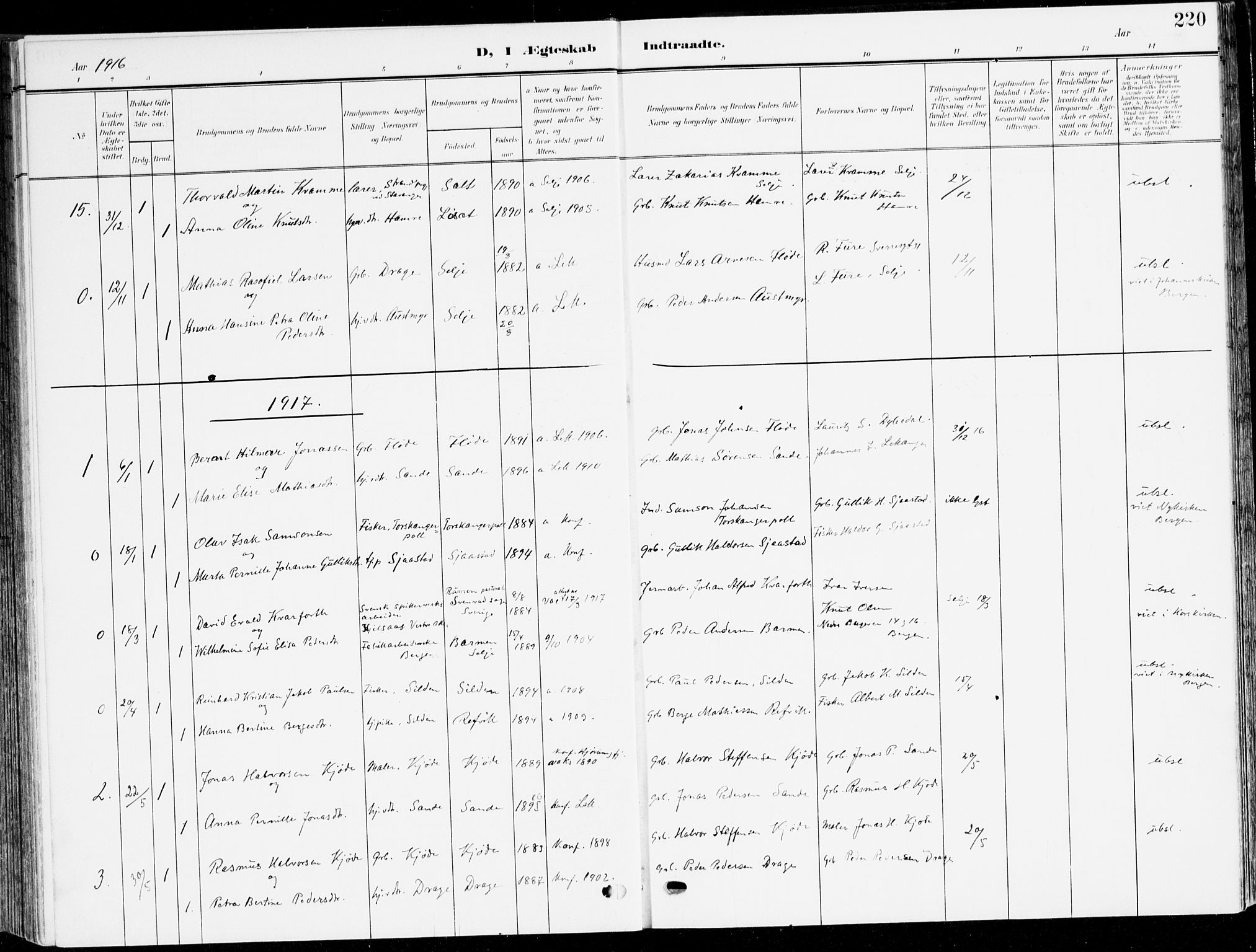 Selje sokneprestembete, SAB/A-99938/H/Ha/Haa/Haab: Parish register (official) no. B 3, 1908-1923, p. 220