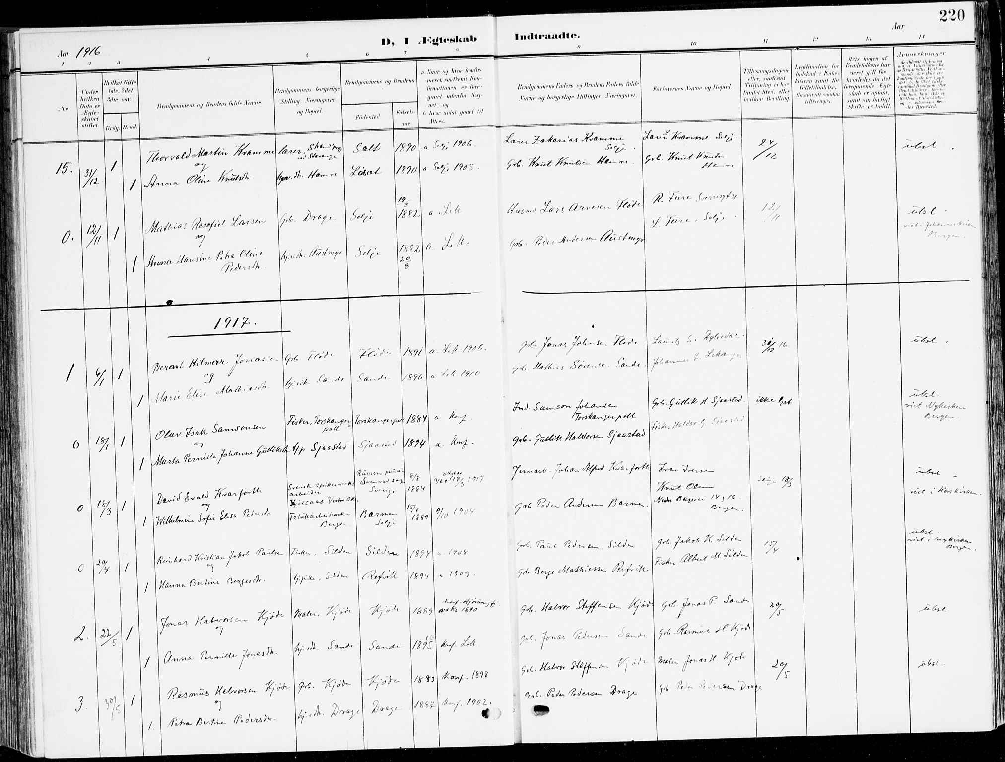 Selje sokneprestembete, AV/SAB-A-99938/H/Ha/Haa/Haab: Parish register (official) no. B 3, 1908-1923, p. 220