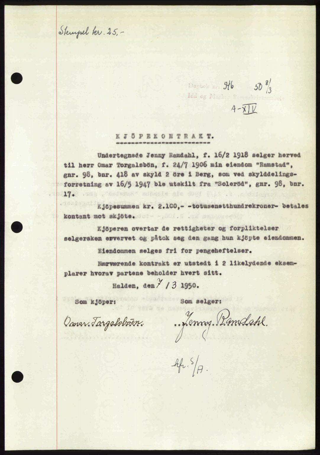 Idd og Marker sorenskriveri, AV/SAO-A-10283/G/Gb/Gbb/L0014: Mortgage book no. A14, 1950-1950, Diary no: : 546/1950