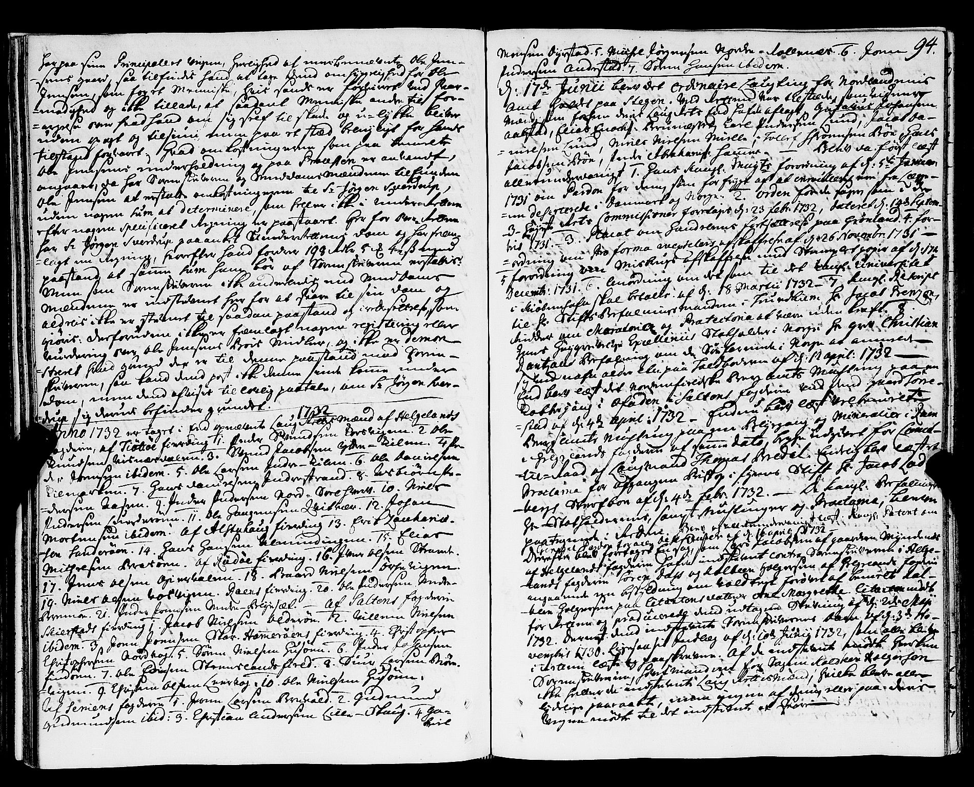 Nordland og Finnmarks lagstol, AV/SAT-A-5608/X/L0006: Justisprotokoll, 1730-1740, p. 93b-94a