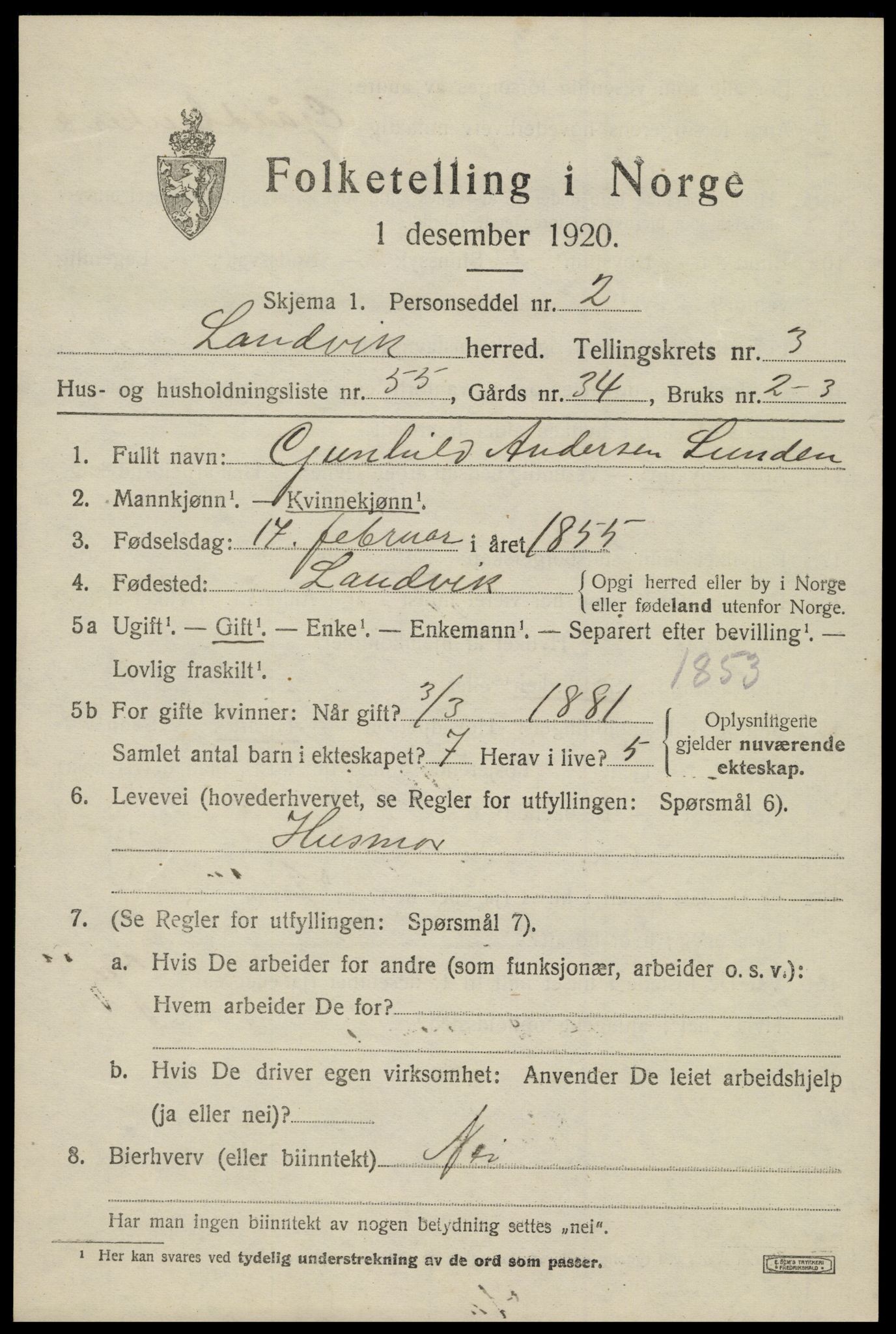 SAK, 1920 census for Landvik, 1920, p. 3418