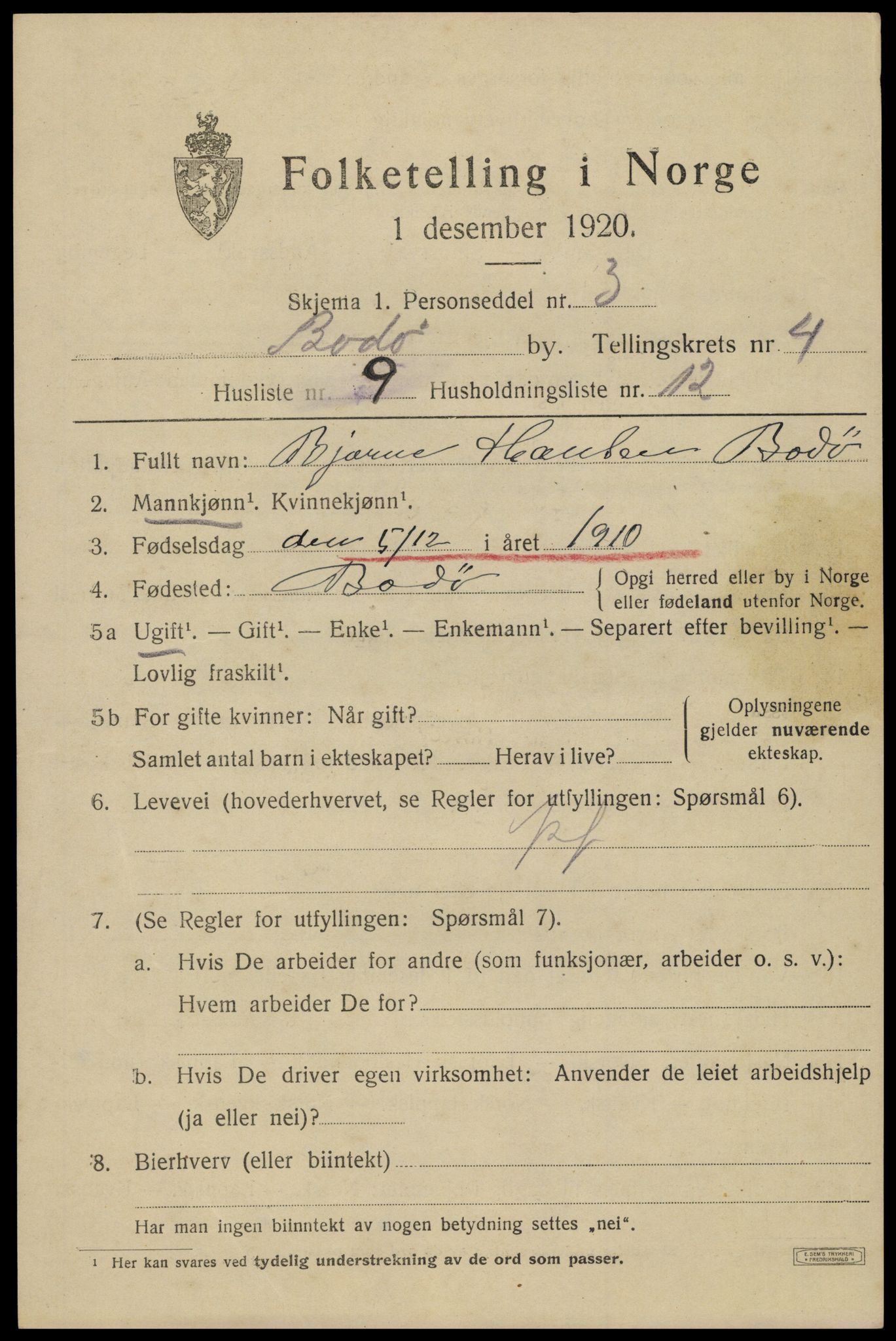 SAT, 1920 census for Bodø, 1920, p. 7387