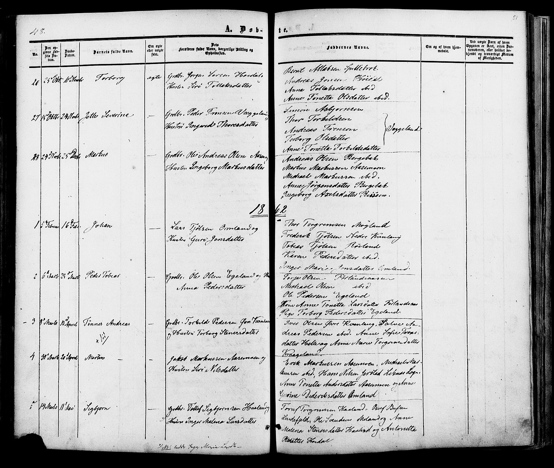 Fjotland sokneprestkontor, AV/SAK-1111-0010/F/Fa/L0001: Parish register (official) no. A 1, 1850-1879, p. 51