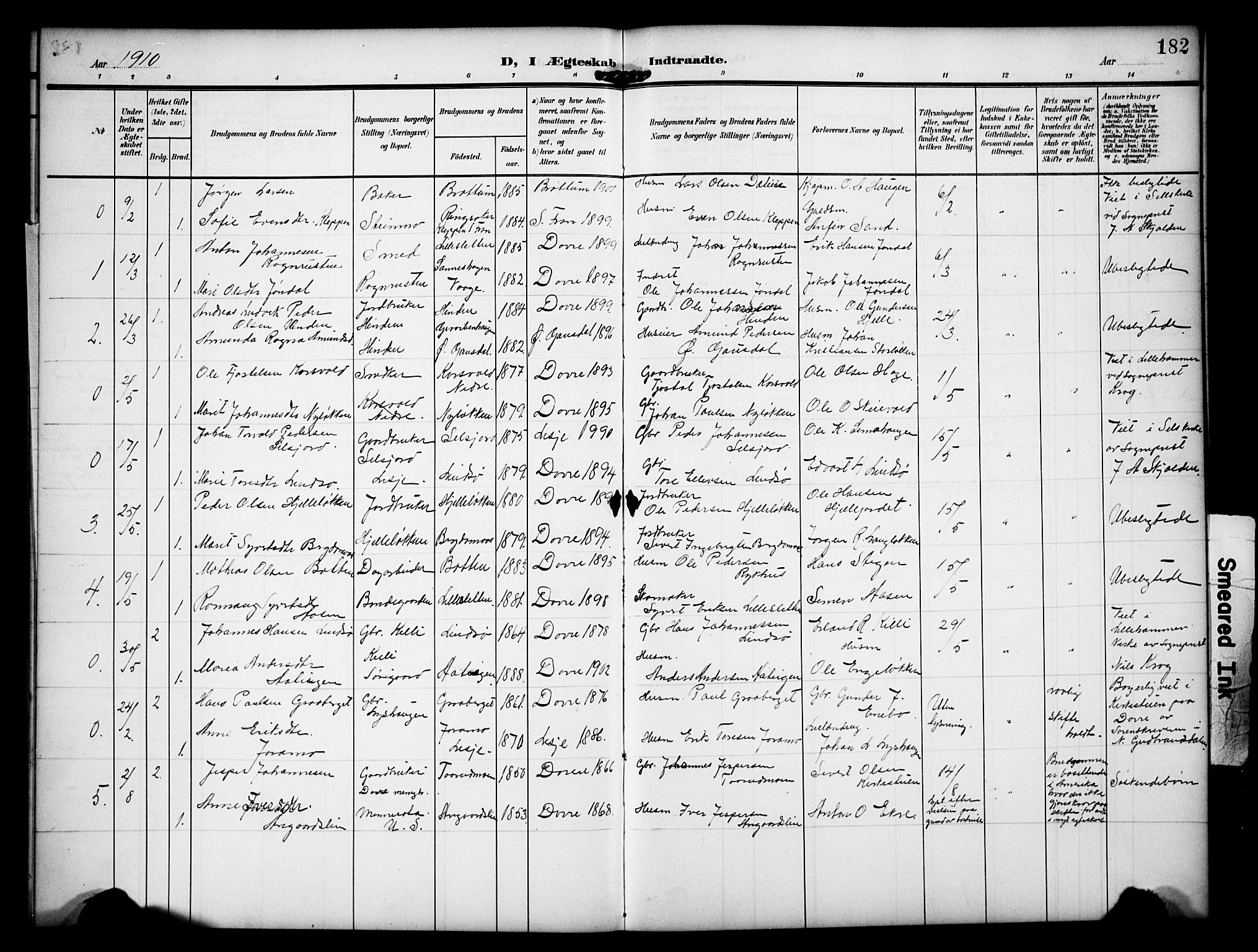 Dovre prestekontor, AV/SAH-PREST-066/H/Ha/Hab/L0003: Parish register (copy) no. 3, 1907-1929, p. 182