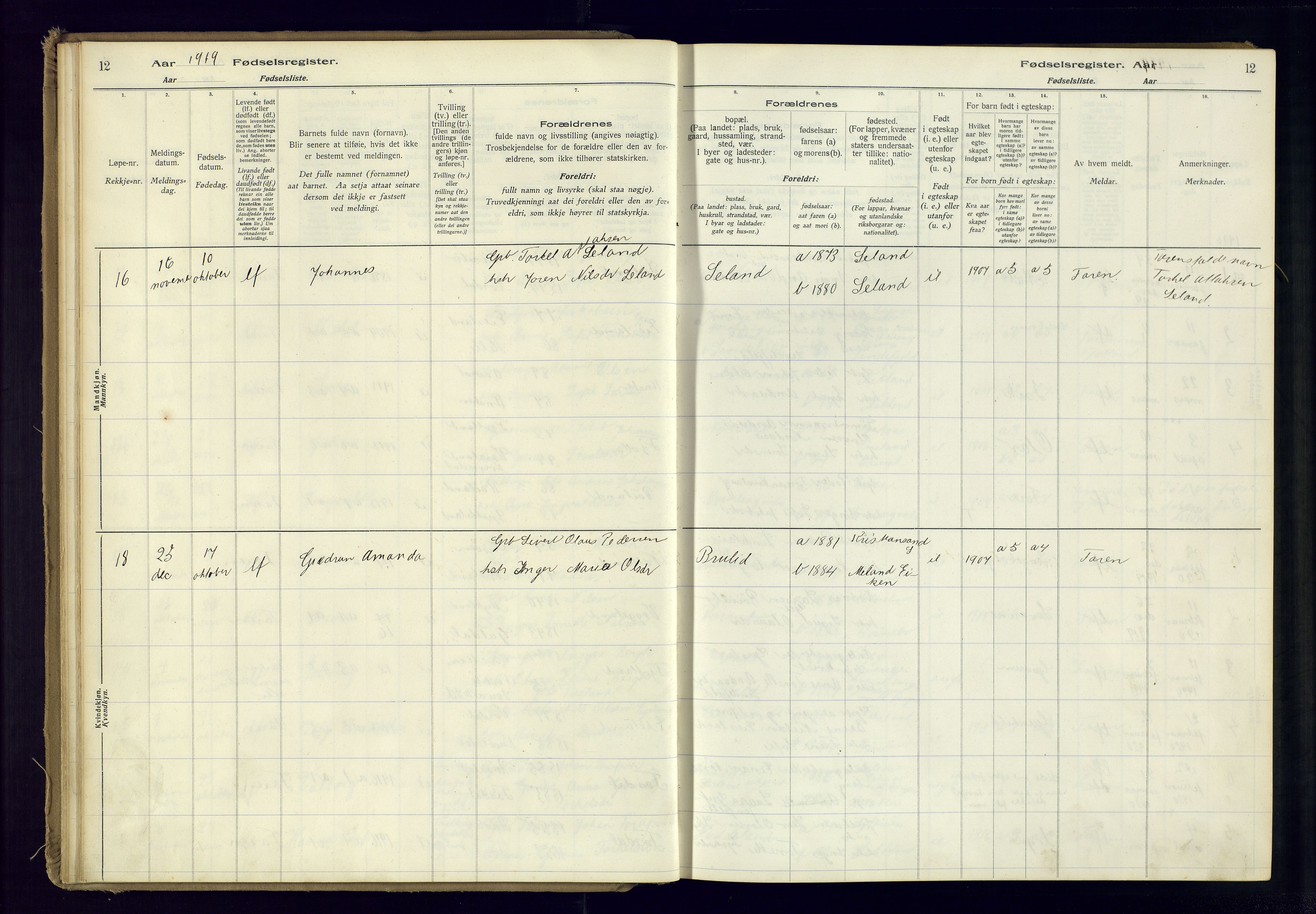 Fjotland sokneprestkontor, AV/SAK-1111-0010/J/Ja/L0001: Birth register no. 1, 1916-1981, p. 12