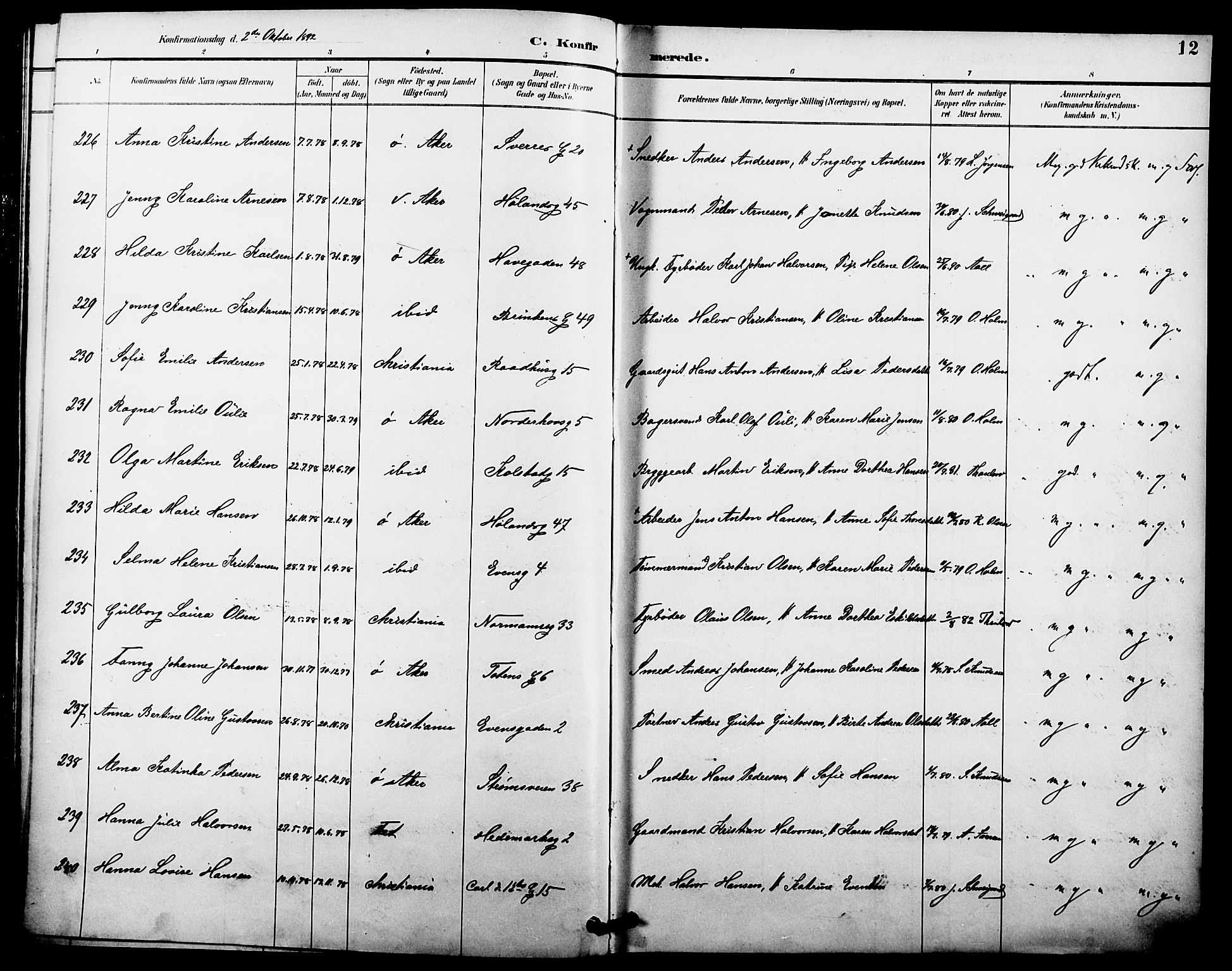 Kampen prestekontor Kirkebøker, AV/SAO-A-10853/F/Fa/L0008: Parish register (official) no. I 8, 1892-1902, p. 12