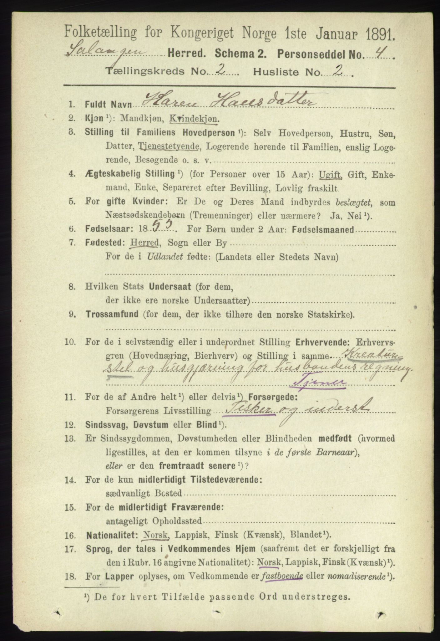 RA, 1891 census for 1921 Salangen, 1891, p. 562