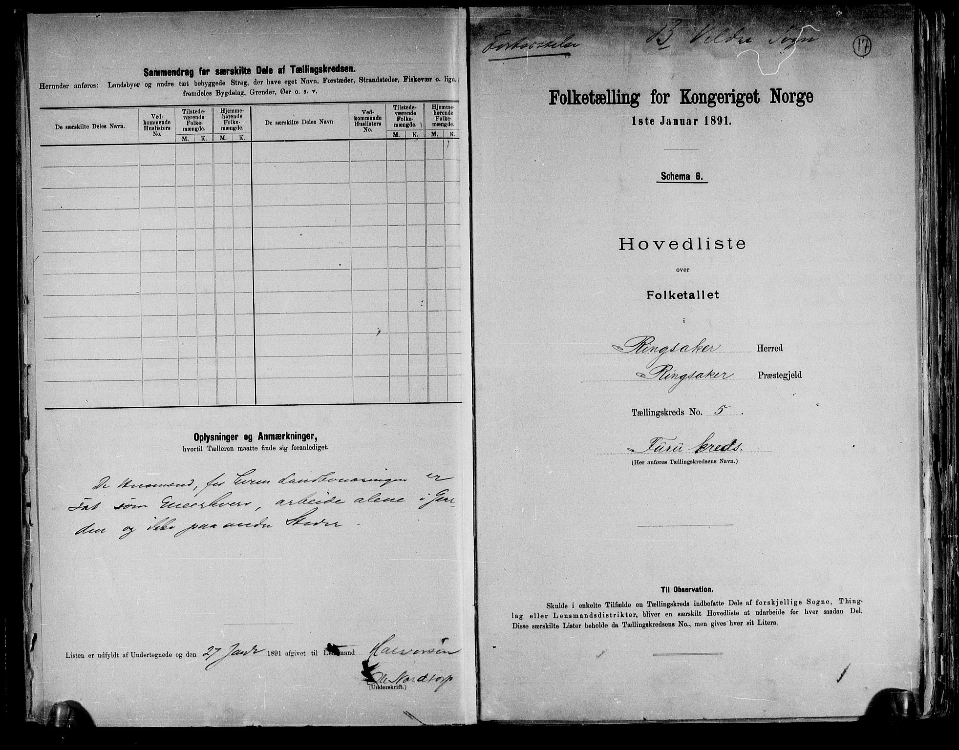 RA, 1891 census for 0412 Ringsaker, 1891, p. 17