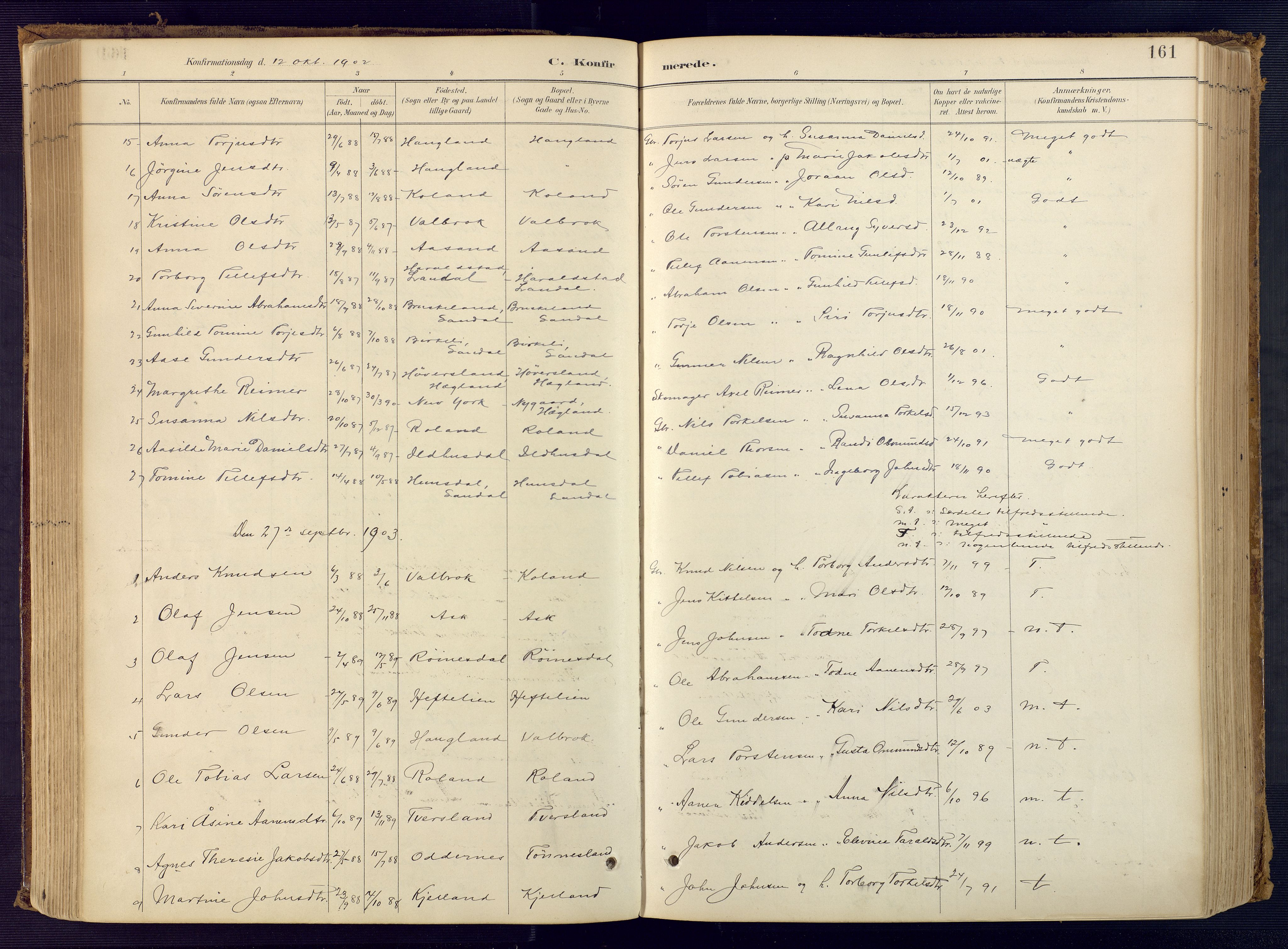 Bjelland sokneprestkontor, SAK/1111-0005/F/Fa/Faa/L0004: Parish register (official) no. A 4, 1887-1923, p. 161