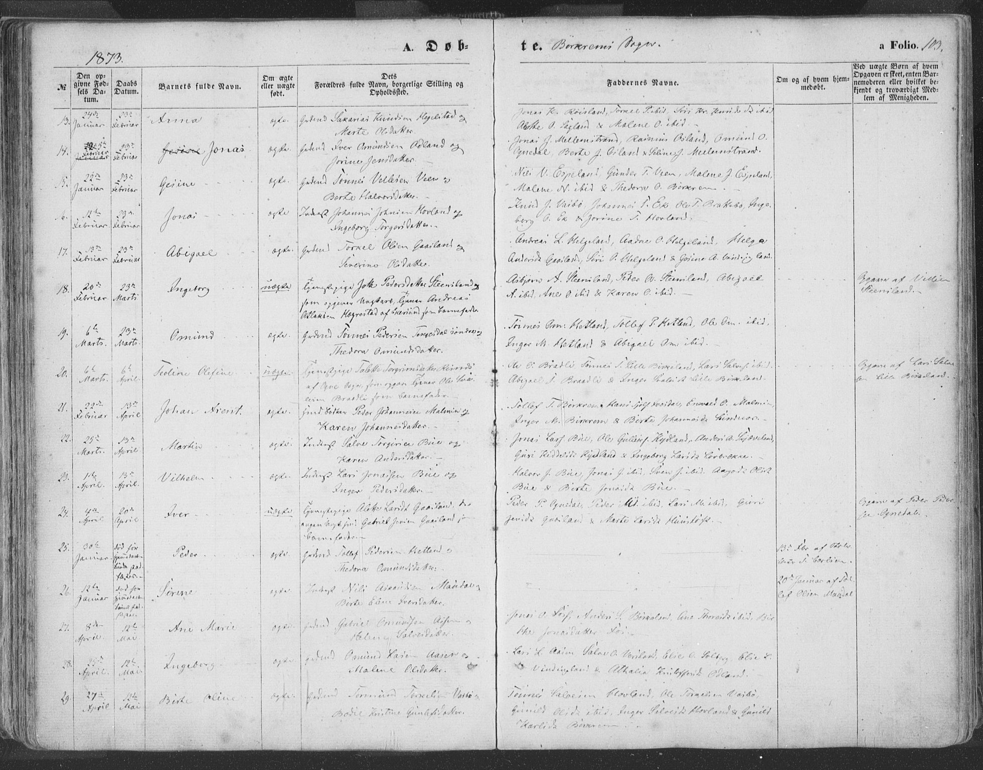 Helleland sokneprestkontor, SAST/A-101810: Parish register (official) no. A 7.1, 1863-1886, p. 103