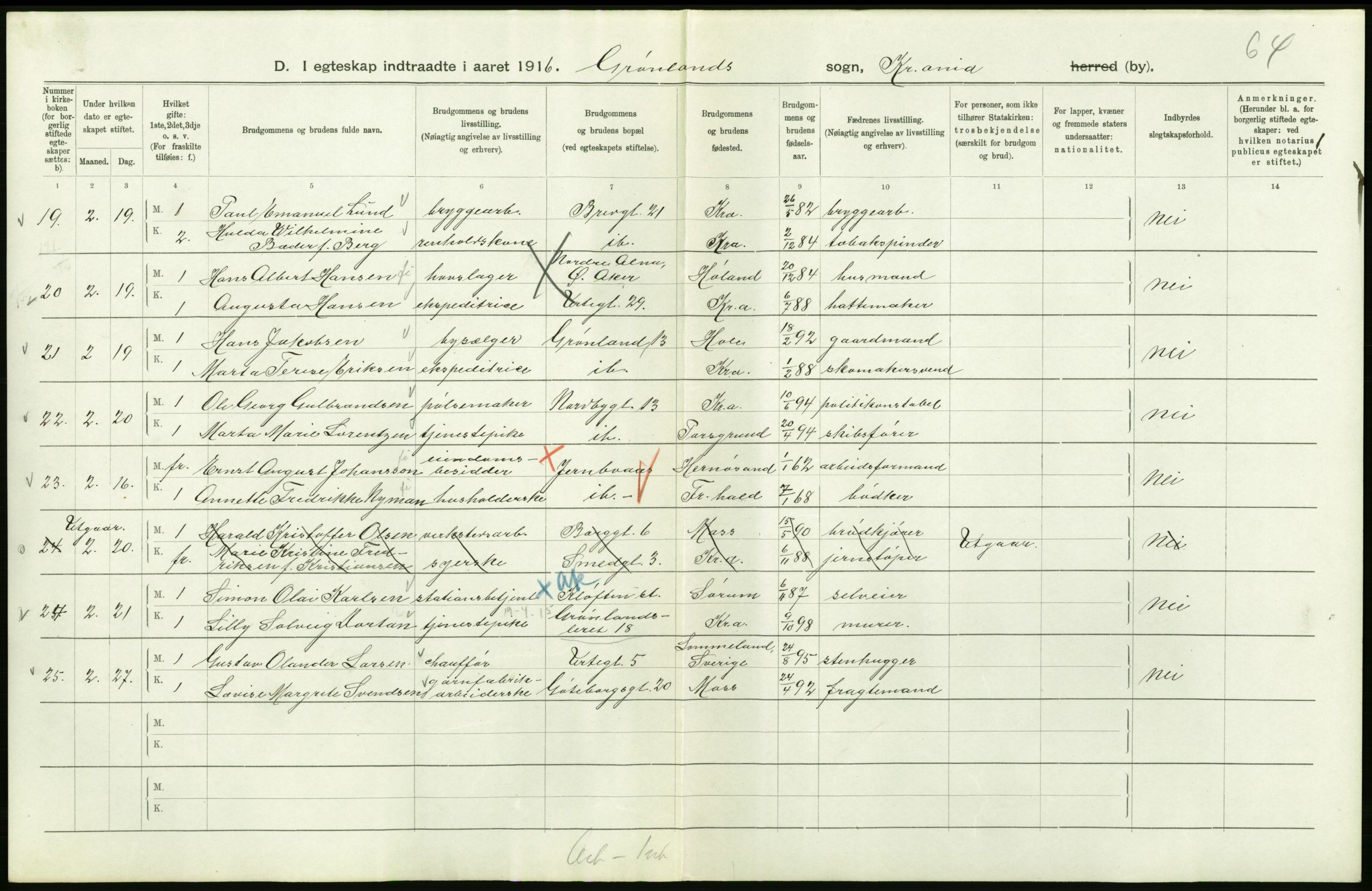 Statistisk sentralbyrå, Sosiodemografiske emner, Befolkning, AV/RA-S-2228/D/Df/Dfb/Dfbf/L0008: Kristiania: Gifte, 1916, p. 546