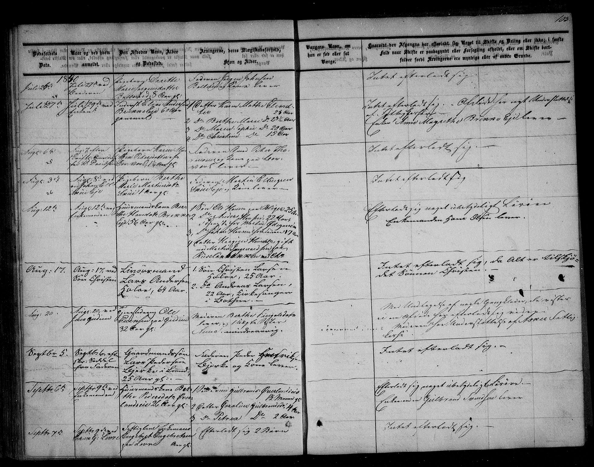 Asker og Bærum lensmannskontor, AV/SAO-A-10643/H/Ha/Haa/L0001: Dødsanmeldelsesprotokoll, 1842-1856, p. 103