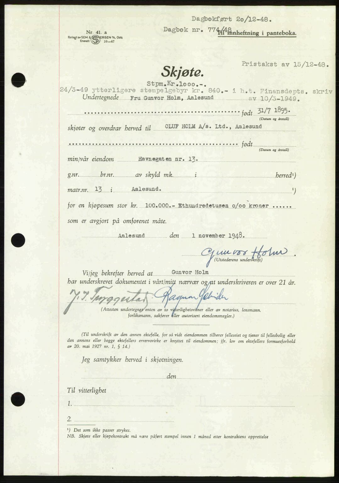 Ålesund byfogd, AV/SAT-A-4384: Mortgage book no. 37A (1), 1947-1949, Diary no: : 774/1948