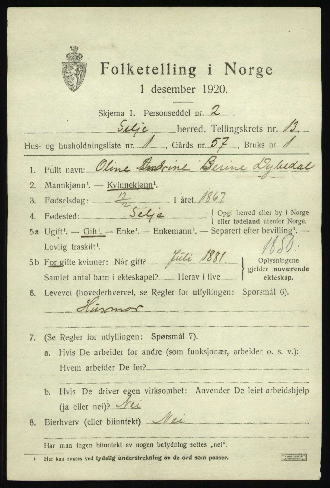 SAB, 1920 census for Selje, 1920, p. 5631