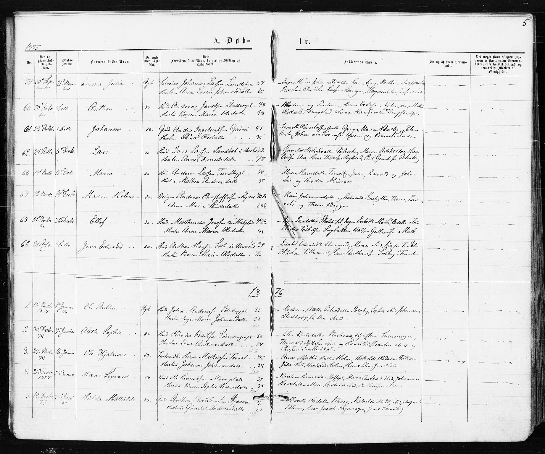 Spydeberg prestekontor Kirkebøker, AV/SAO-A-10924/F/Fa/L0007: Parish register (official) no. I 7, 1875-1885, p. 5