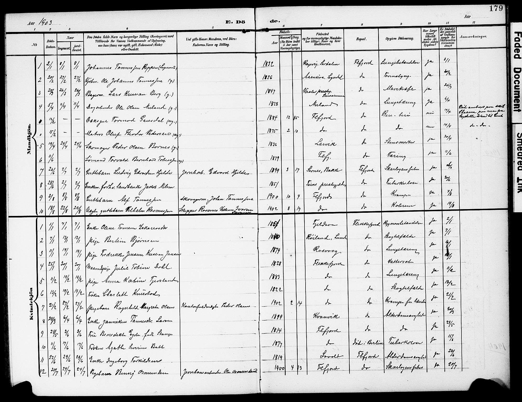 Flekkefjord sokneprestkontor, AV/SAK-1111-0012/F/Fb/Fba/L0001: Parish register (copy) no. B 1, 1903-1931, p. 179