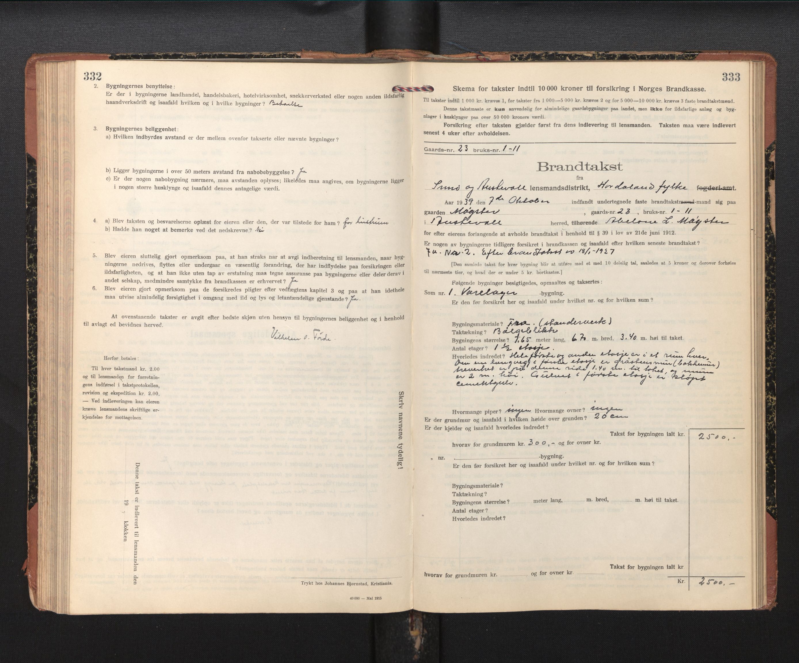 Lensmannen i Sund og Austevoll, SAB/A-35201/0012/L0004: Branntakstprotokoll, skjematakst, 1917-1949, p. 332-333