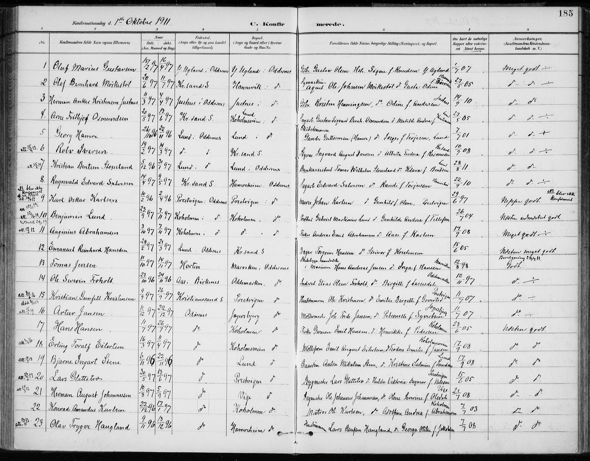 Oddernes sokneprestkontor, AV/SAK-1111-0033/F/Fa/Faa/L0010: Parish register (official) no. A 10, 1897-1911, p. 185