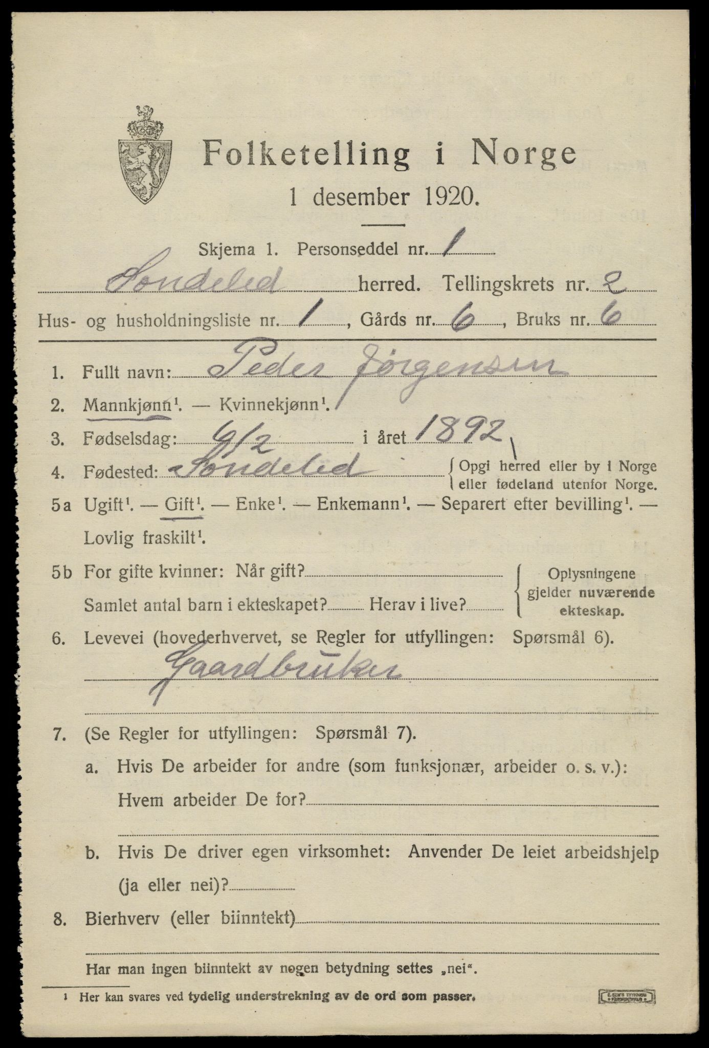 SAK, 1920 census for Søndeled, 1920, p. 1719