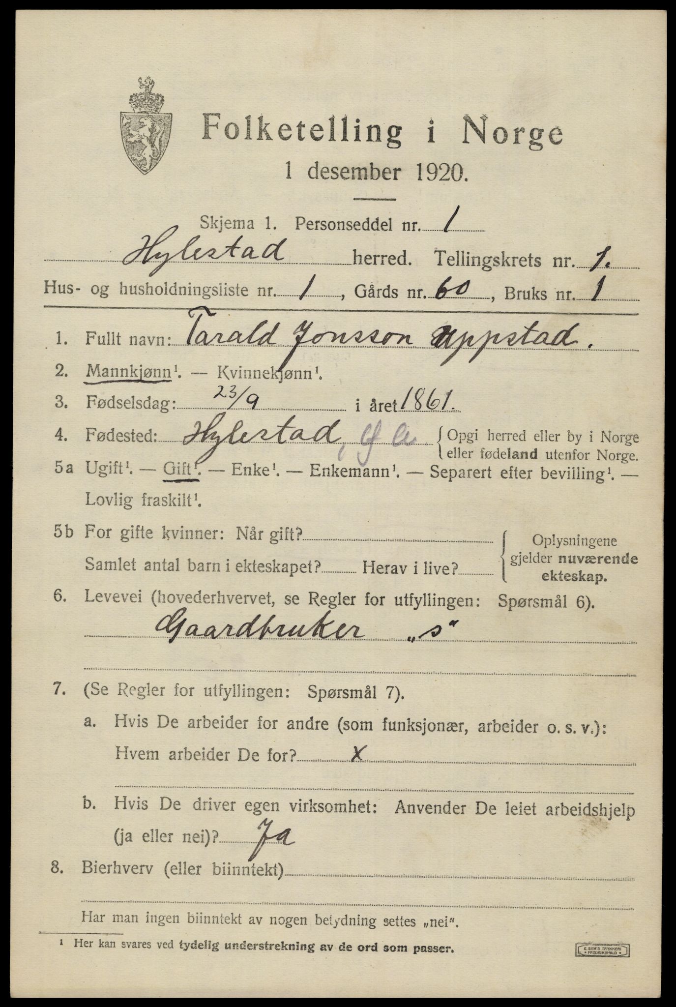 SAK, 1920 census for Hylestad, 1920, p. 280