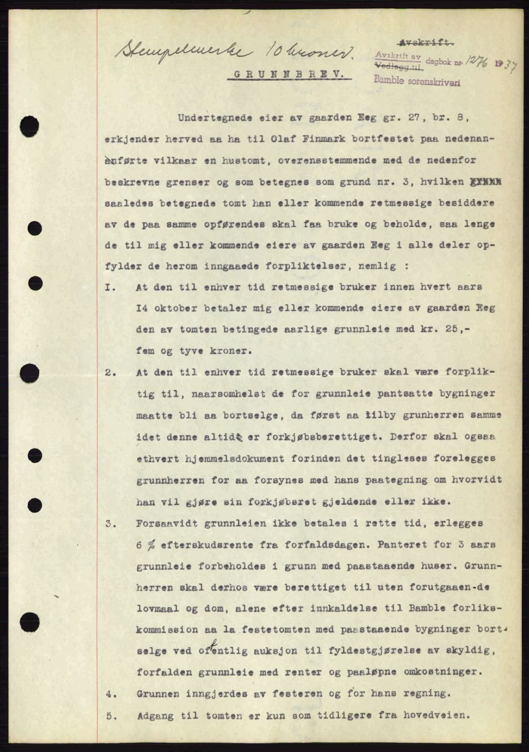 Bamble sorenskriveri, AV/SAKO-A-214/G/Ga/Gag/L0002: Mortgage book no. A-2, 1937-1938, Diary no: : 1276/1937