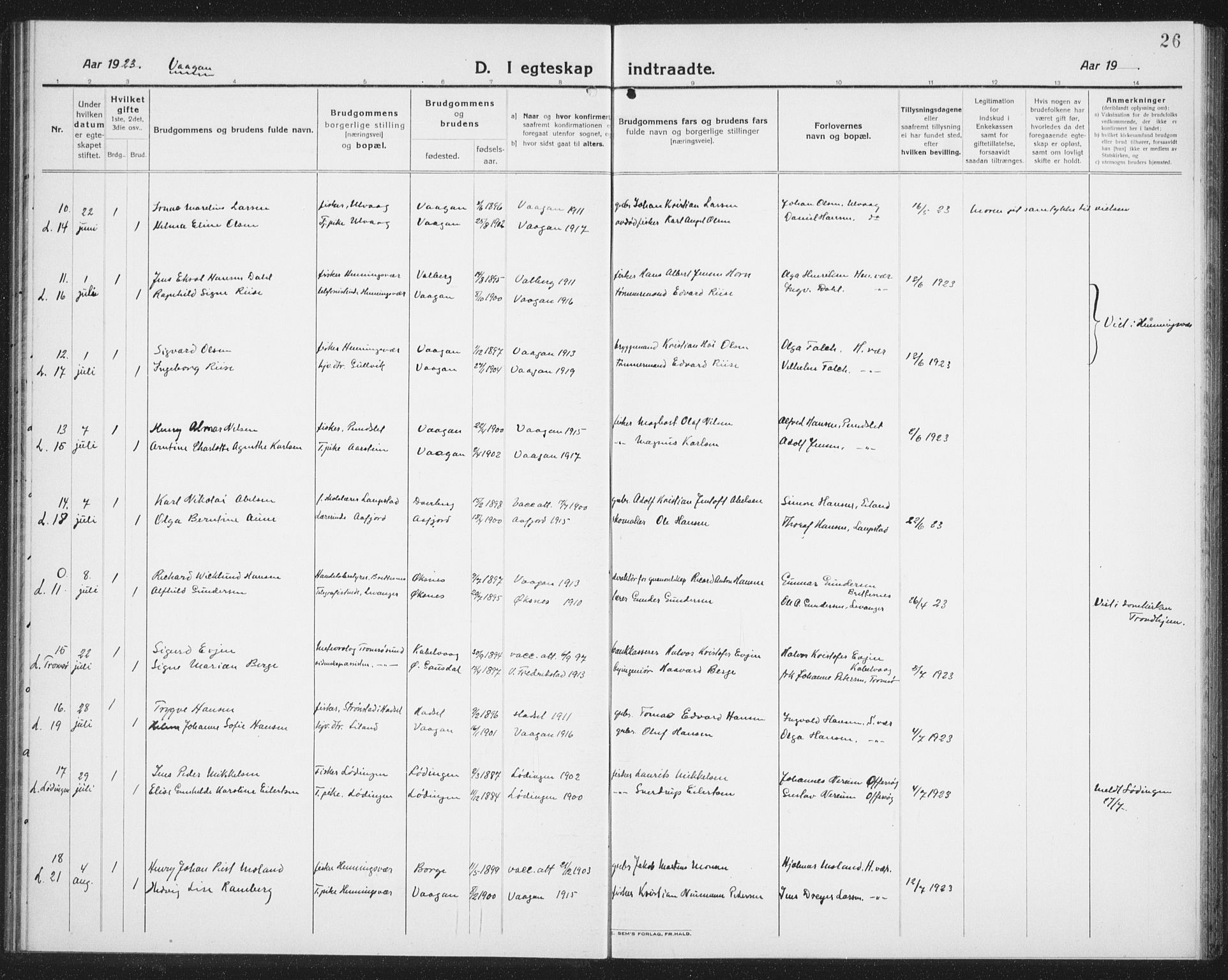 Ministerialprotokoller, klokkerbøker og fødselsregistre - Nordland, AV/SAT-A-1459/874/L1082: Parish register (copy) no. 874C11, 1920-1939, p. 26