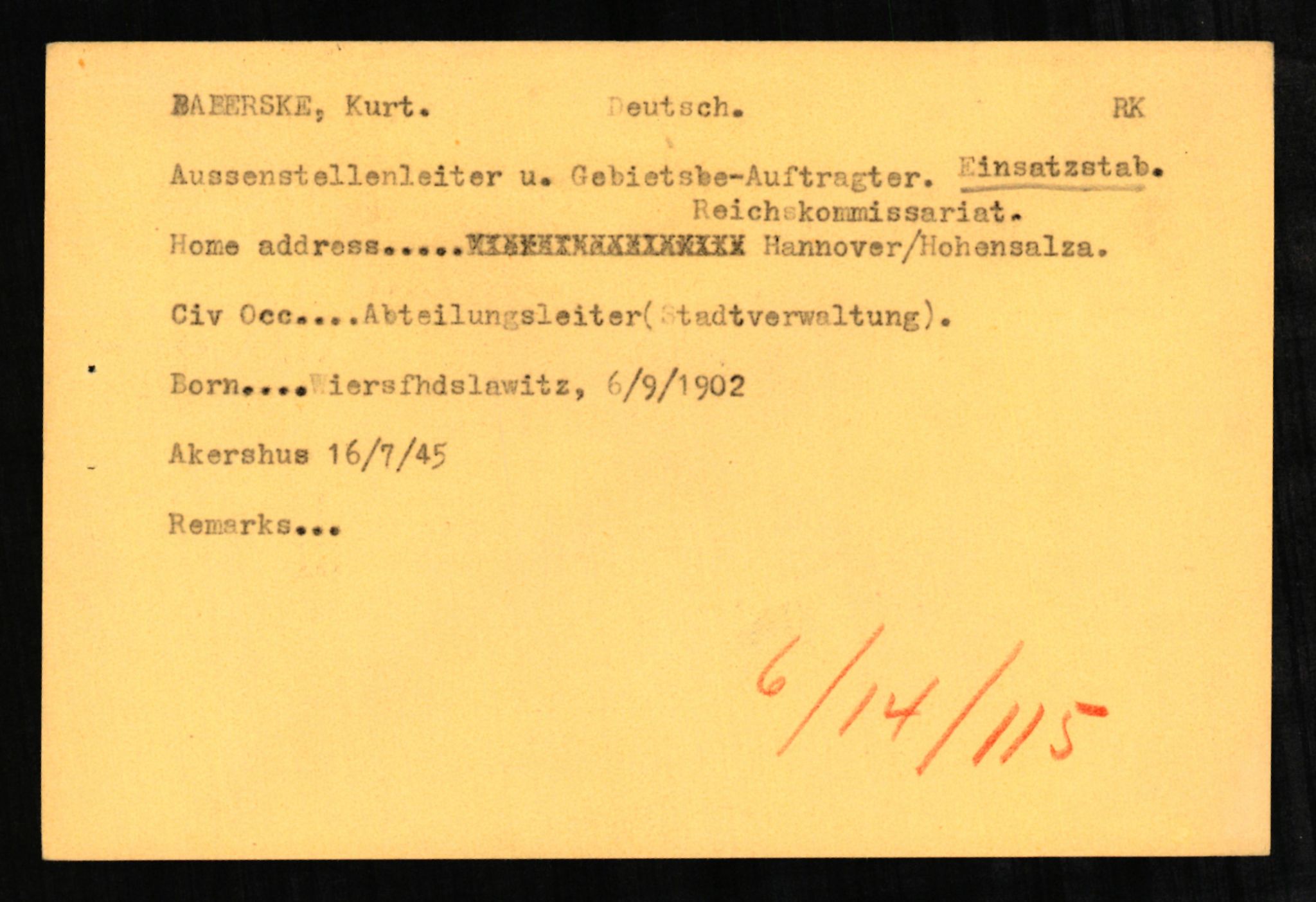 Forsvaret, Forsvarets overkommando II, AV/RA-RAFA-3915/D/Db/L0001: CI Questionaires. Tyske okkupasjonsstyrker i Norge. Tyskere., 1945-1946, p. 470