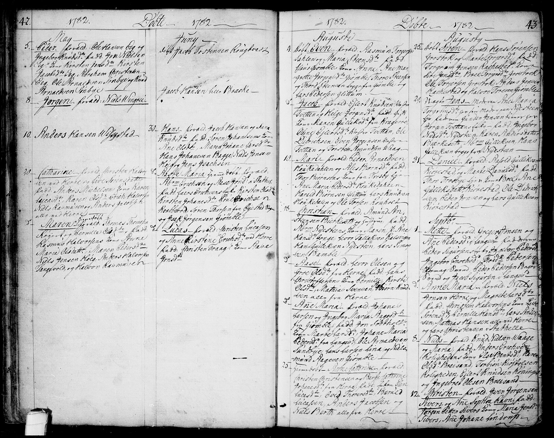 Bamble kirkebøker, AV/SAKO-A-253/F/Fa/L0002: Parish register (official) no. I 2, 1775-1814, p. 42-43