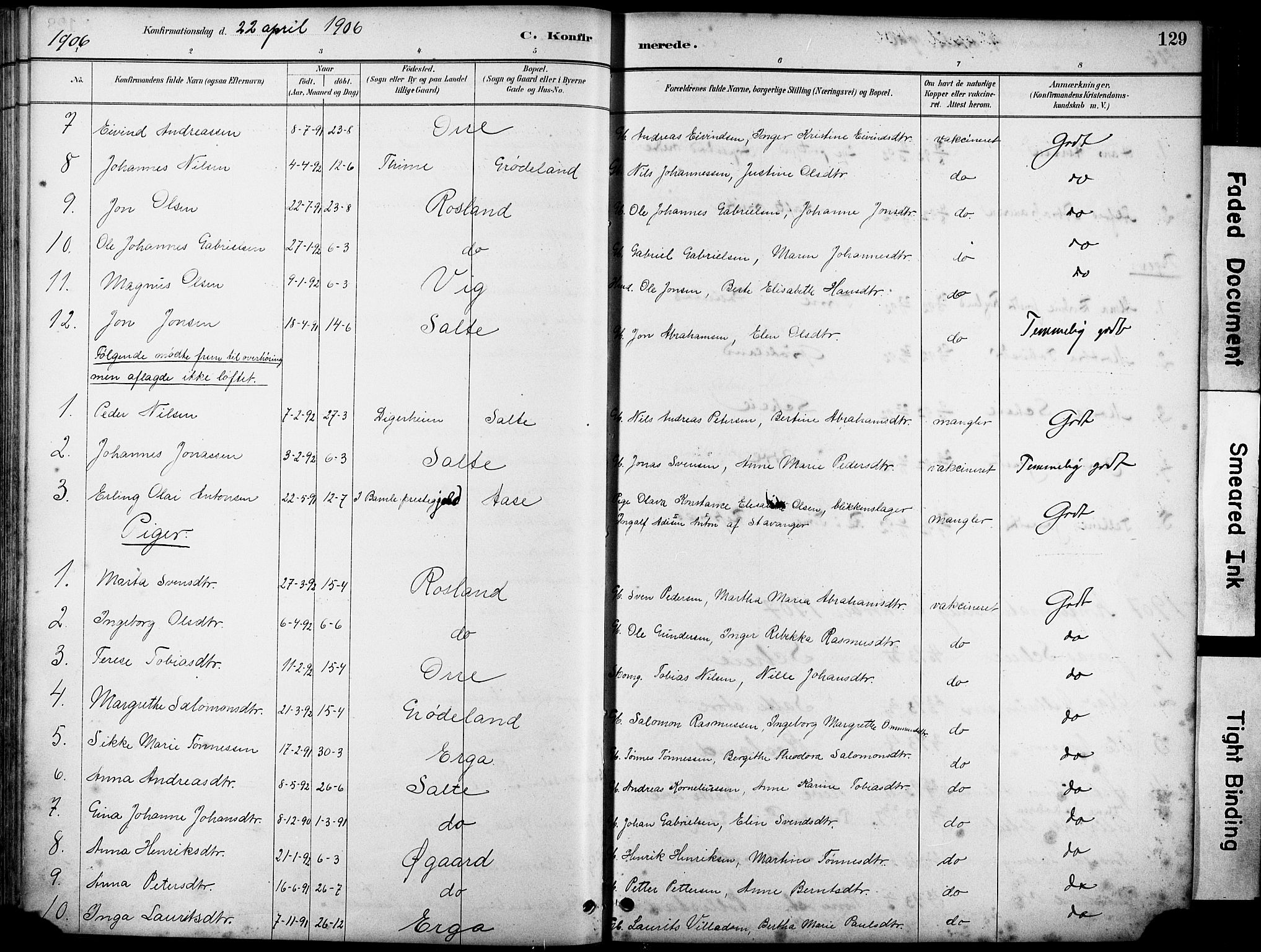 Klepp sokneprestkontor, SAST/A-101803/001/3/30BA/L0007: Parish register (official) no. A 8, 1886-1912, p. 129
