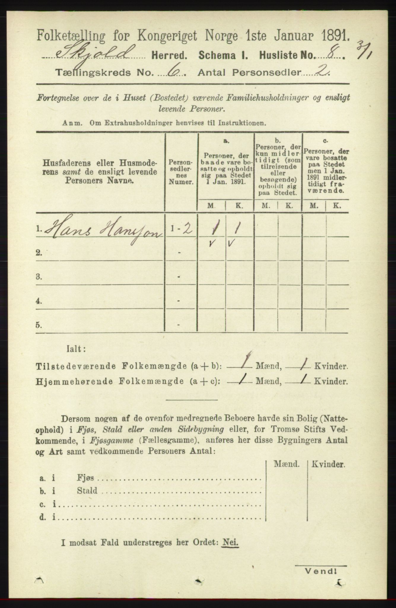 RA, 1891 census for 1154 Skjold, 1891, p. 957